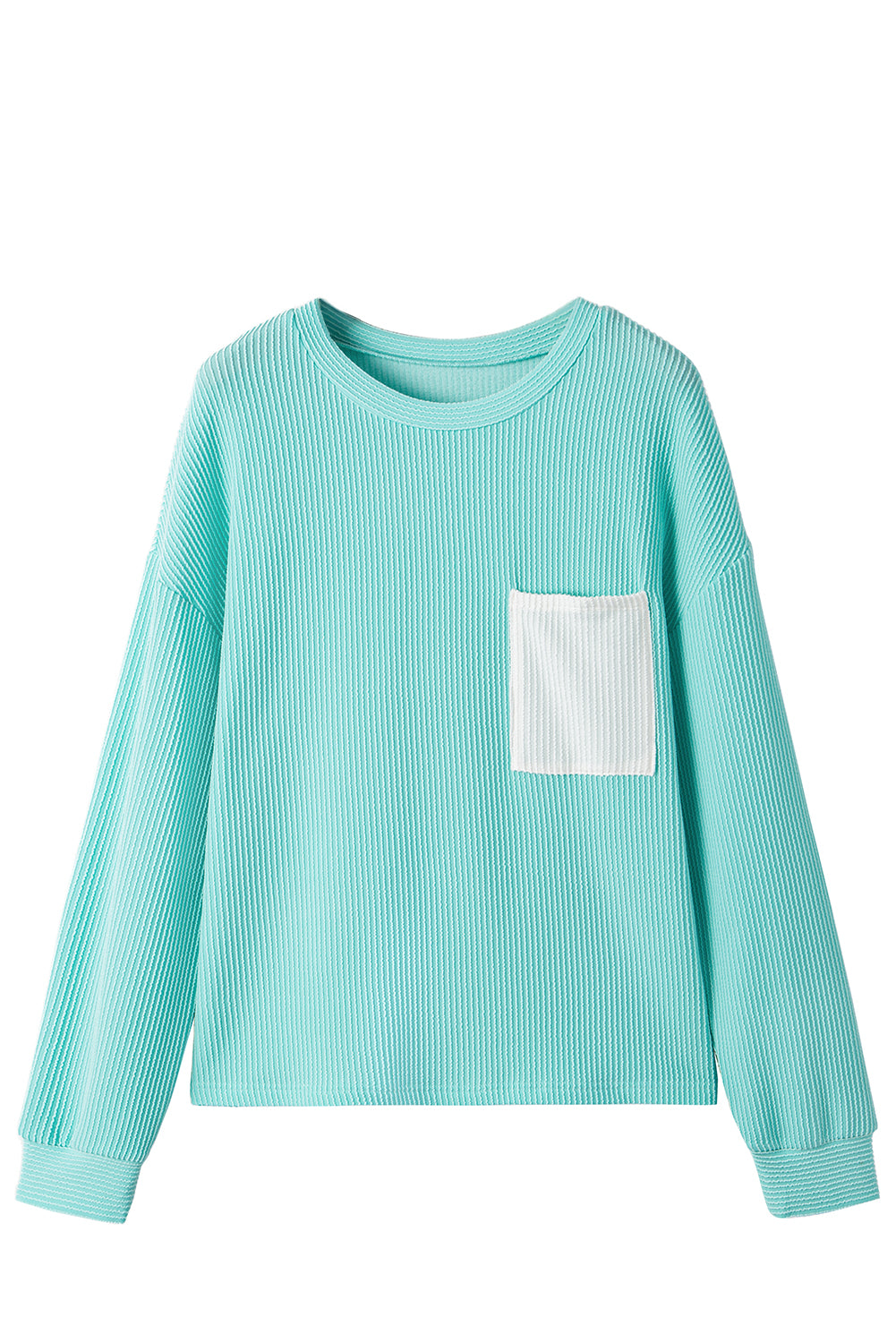 Iceland Blue 3D Ribbed Texture Contrast Patched Pocket Long Sleeve Top-Tops/Long Sleeve Tops-[Adult]-[Female]-2022 Online Blue Zone Planet