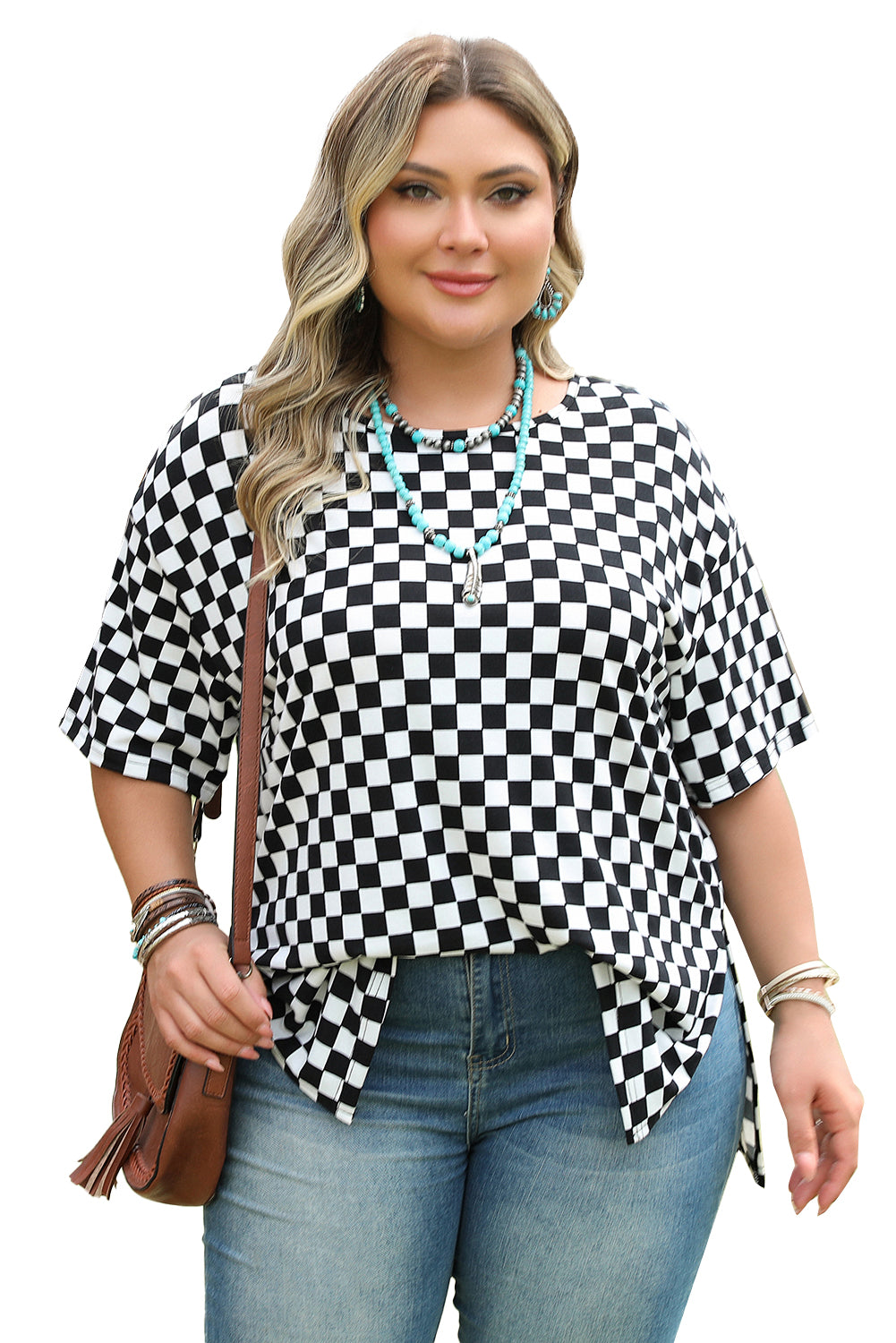 Blue Zone Planet | Black Checkered Print Side Slits O Neck Plus Size T Shirt-Plus Size/Plus Size Tops/Plus Size Tops & Tees-[Adult]-[Female]-2022 Online Blue Zone Planet
