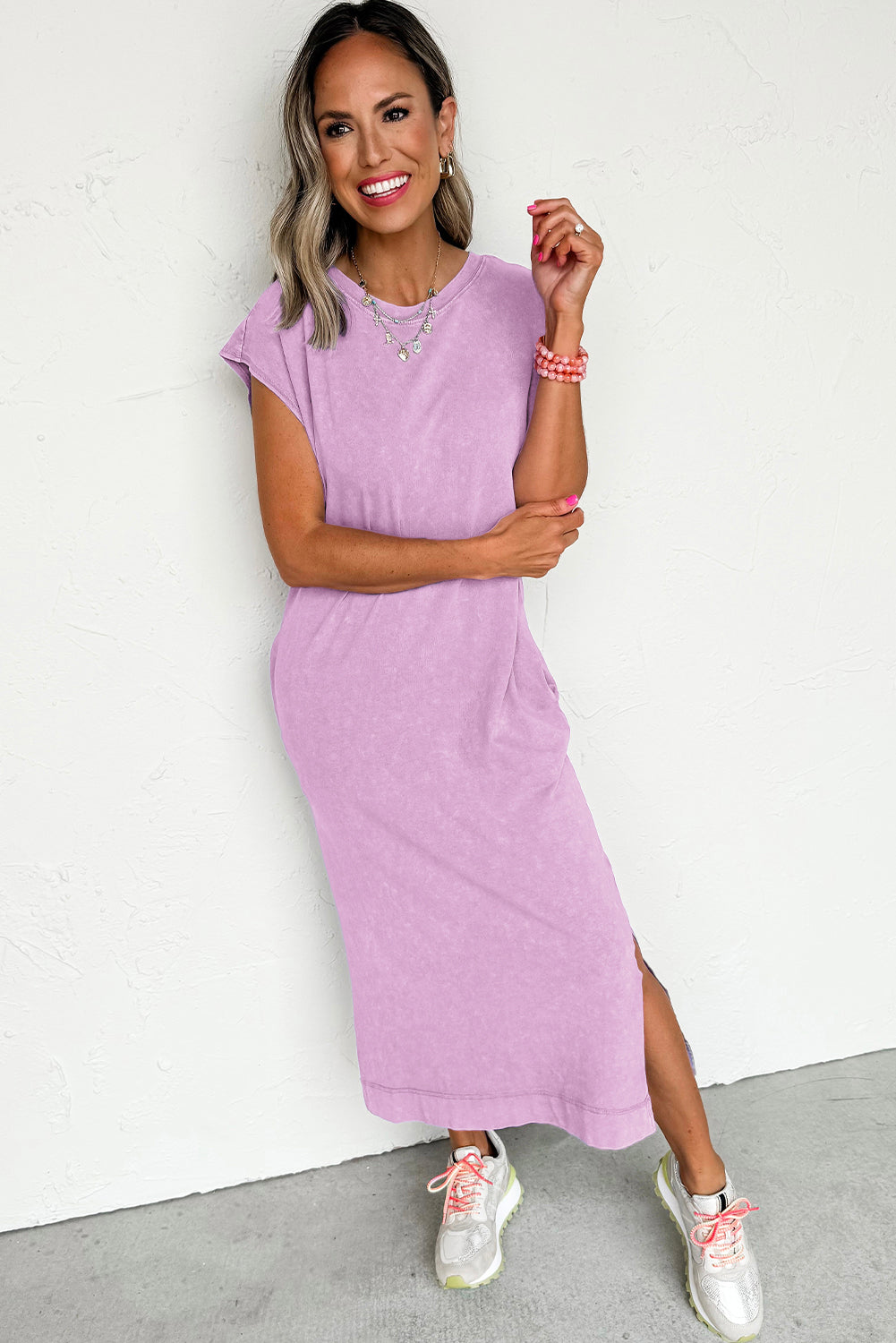 Wisteria Mineral Wash Pocketed T-shirt Dress-Midi Dresses-[Adult]-[Female]-2022 Online Blue Zone Planet