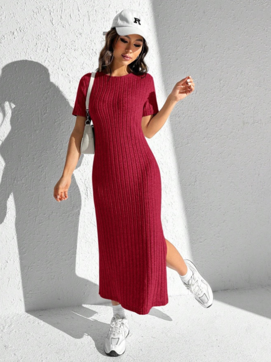 Slit Round Neck Short Sleeve Sweater Dress-TOPS / DRESSES-[Adult]-[Female]-2022 Online Blue Zone Planet