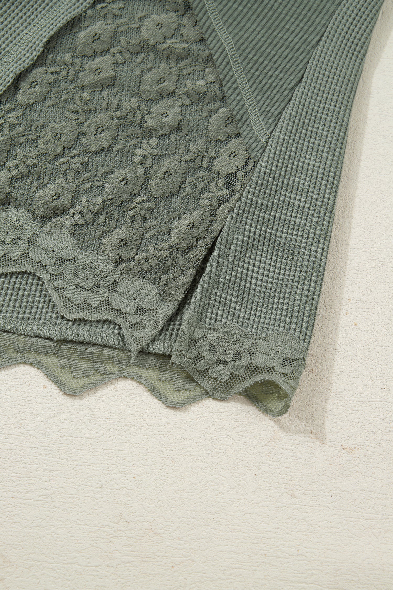 Sage Green Solid Color Waffle Ribbed Lace Patchwork Long Sleeve Top-Tops/Long Sleeve Tops-[Adult]-[Female]-2022 Online Blue Zone Planet