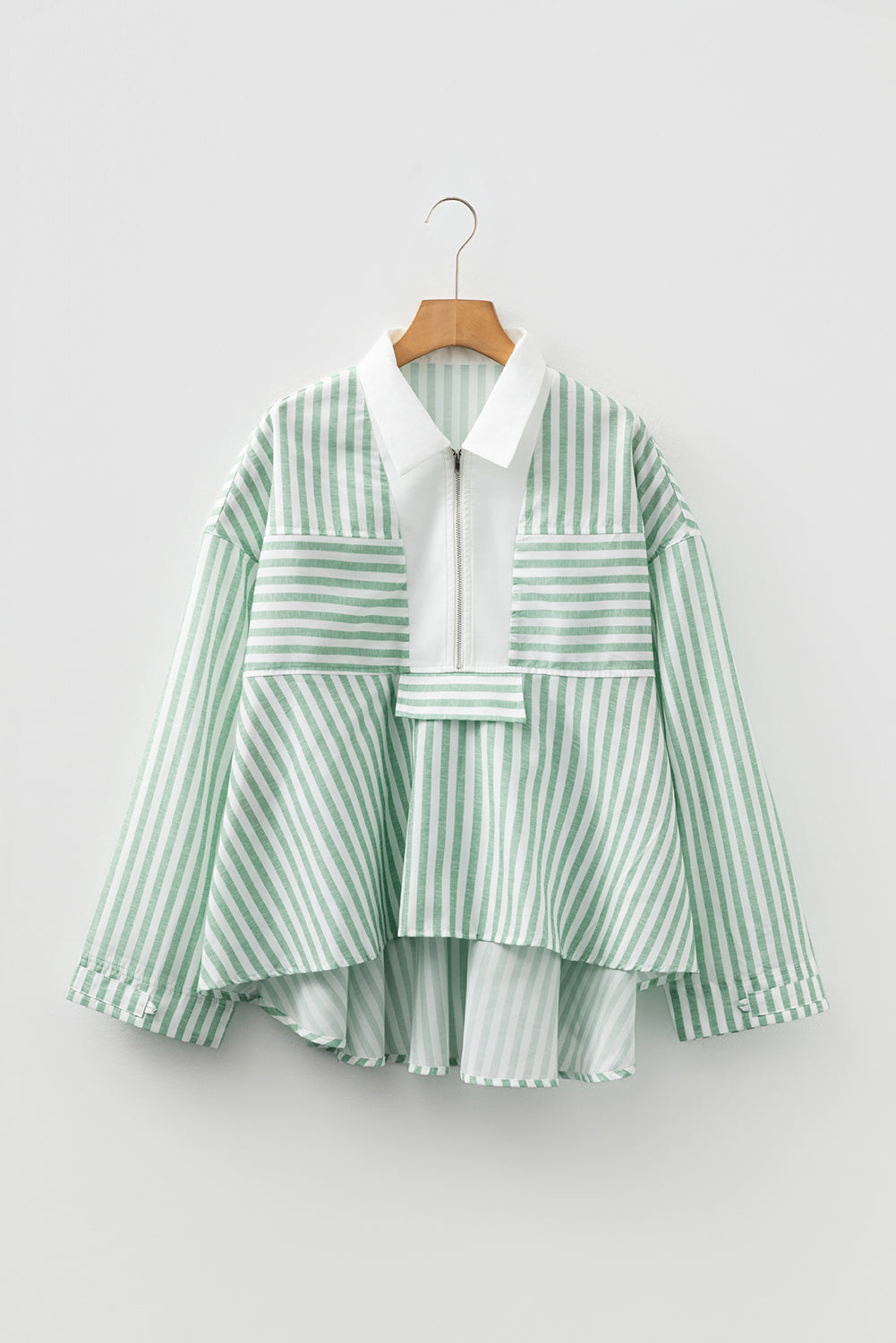 Green Stripe Half Zip Long Sleeve Swing Top-Tops/Blouses & Shirts-[Adult]-[Female]-2022 Online Blue Zone Planet