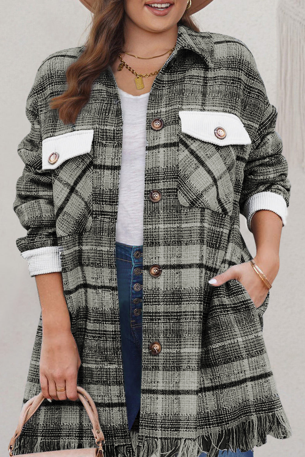 Black Plus Size Macrame Plaid Coat-Plus Size/Plus Size Outerwear-[Adult]-[Female]-Black-1X-2022 Online Blue Zone Planet