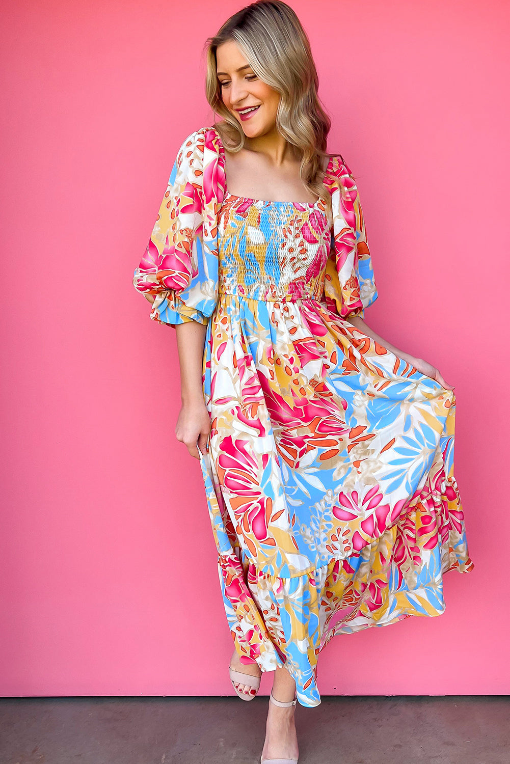 Rose Red Tropical Print Smocked Bodice Puff Sleeve Maxi Dress-Dresses/Floral Dresses-[Adult]-[Female]-2022 Online Blue Zone Planet