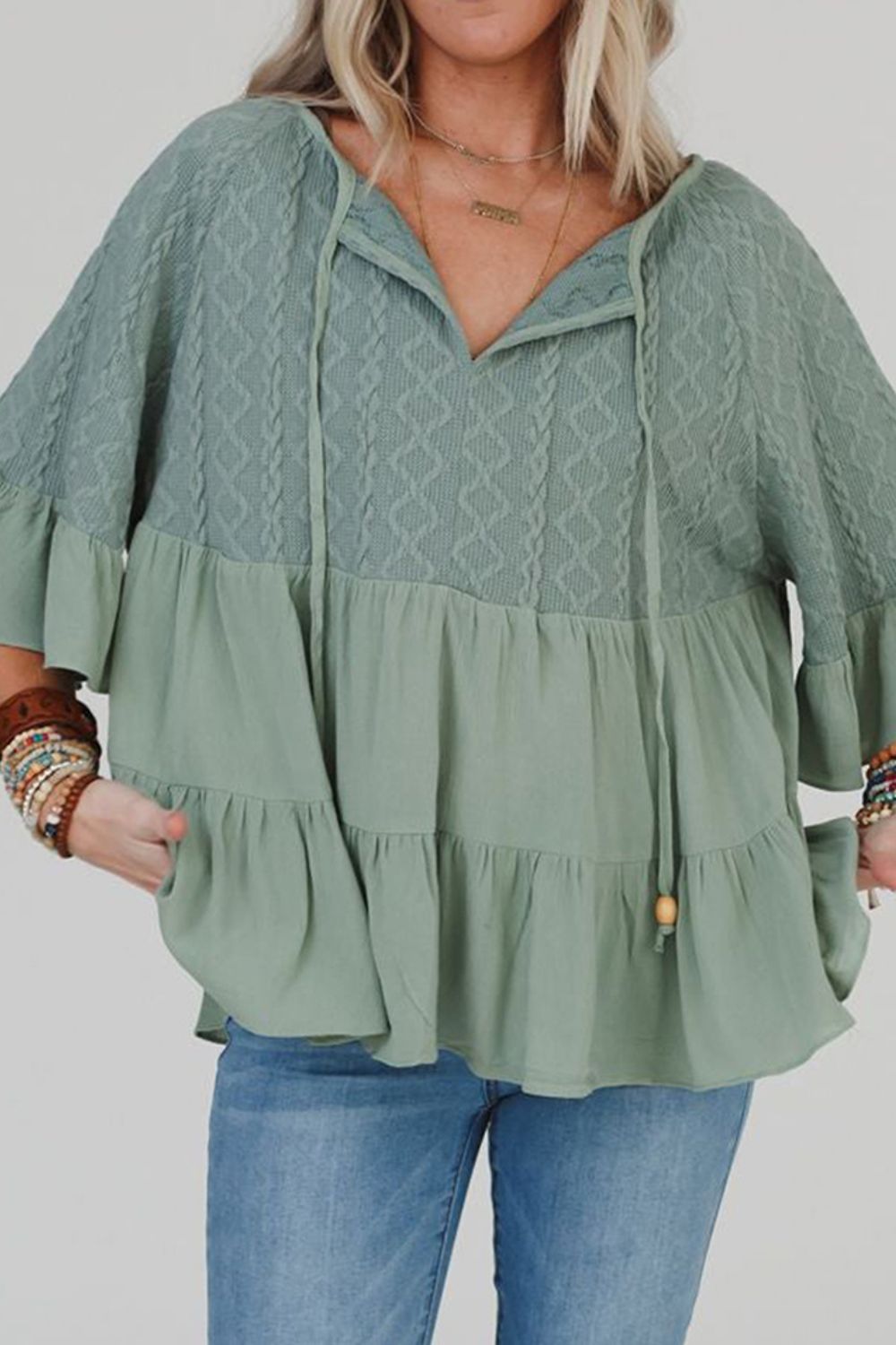 Ruffled Tie Neck Three-Quarter Sleeve Blouse-TOPS / DRESSES-[Adult]-[Female]-2022 Online Blue Zone Planet