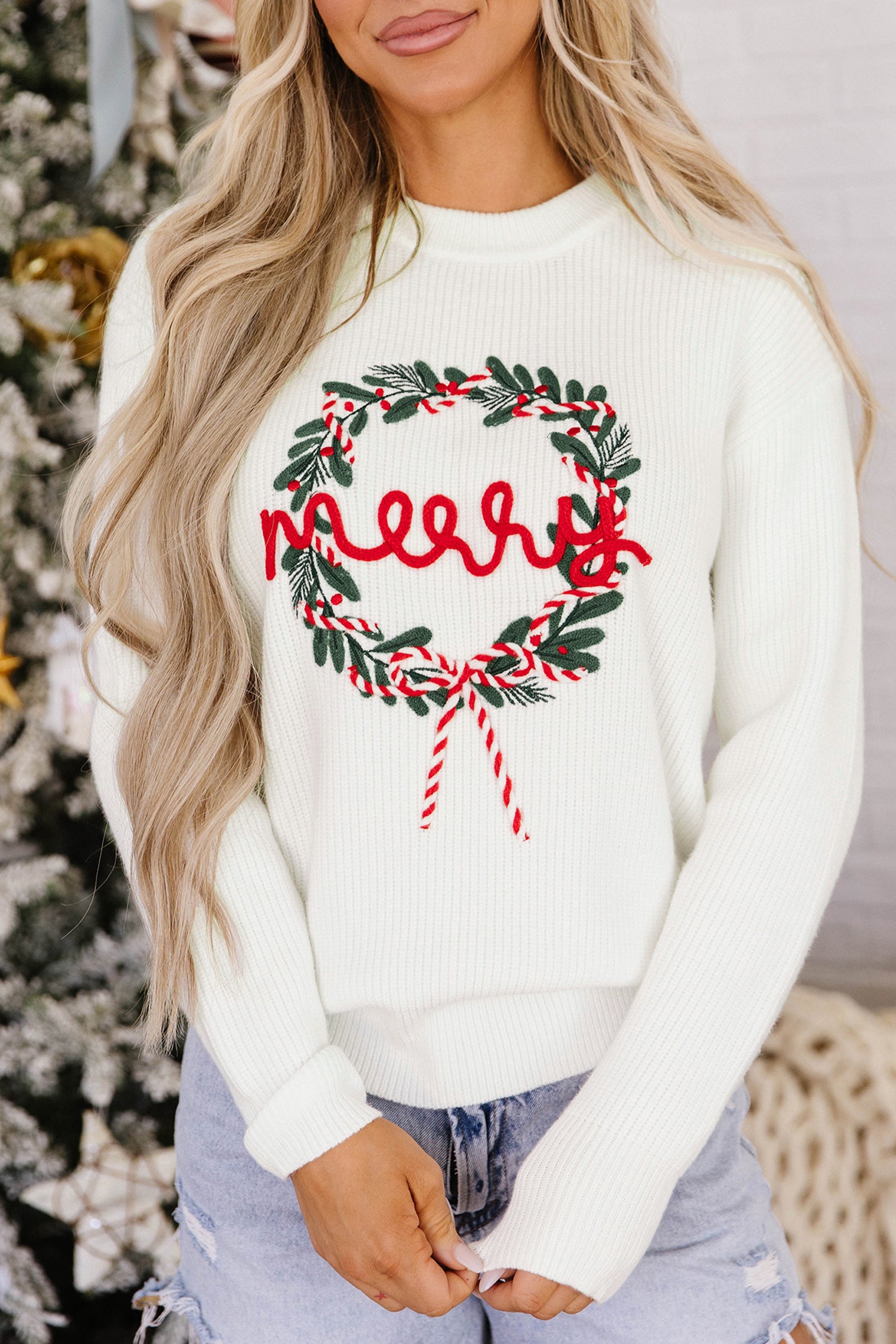 White Christmas Wreath Pattern Round Neck Casual Sweater-TOPS / DRESSES-[Adult]-[Female]-2022 Online Blue Zone Planet