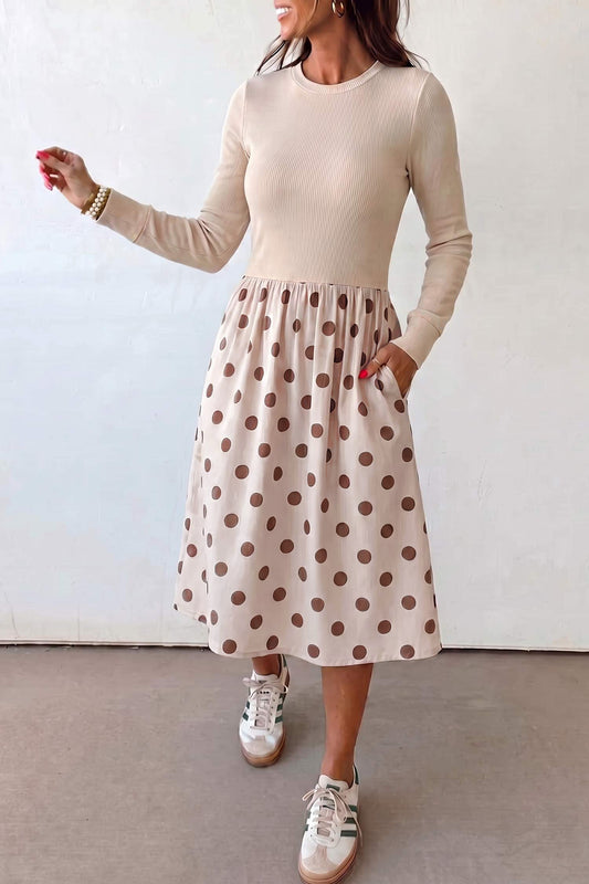 Beige Polka Dot Midi Long Sleeve Dress-Dresses/Midi Dresses-[Adult]-[Female]-Beige-S-2022 Online Blue Zone Planet