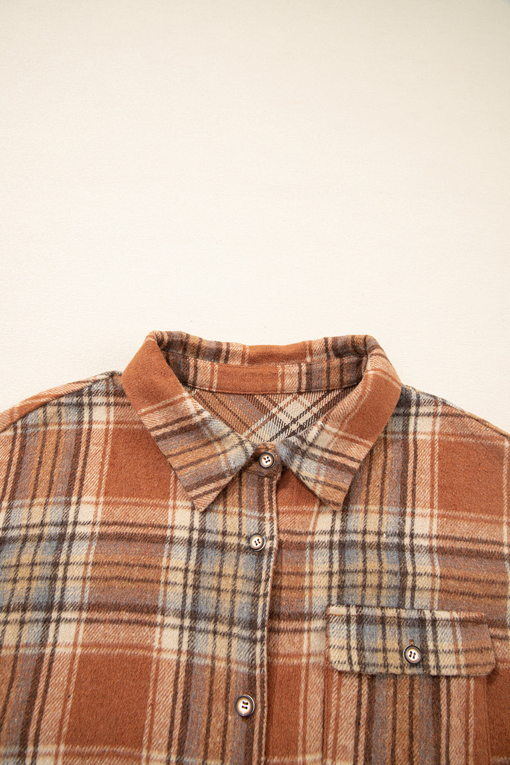 Brown Plaid Print Flap Pocket Buttoned Plus Size Shacket-Plus Size/Plus Size Outerwear-[Adult]-[Female]-2022 Online Blue Zone Planet