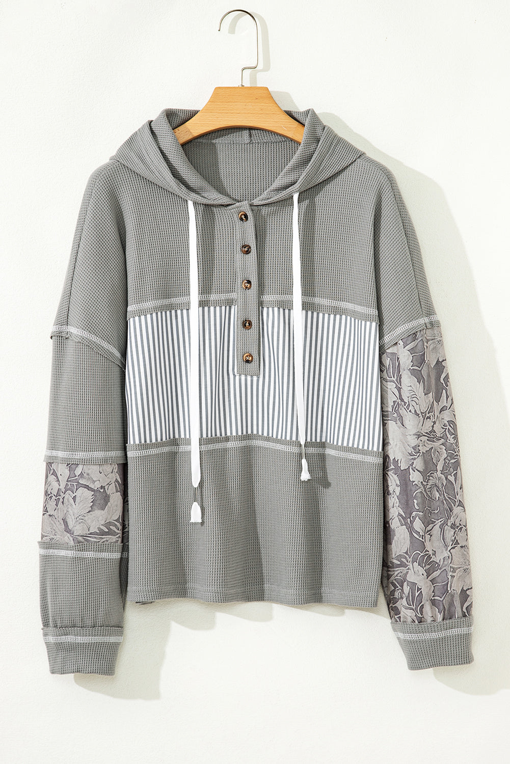 Gray Waffle Printed Patchwork Drawstring Hooded Long Sleeve Top-Tops / Dresses-[Adult]-[Female]-2022 Online Blue Zone Planet