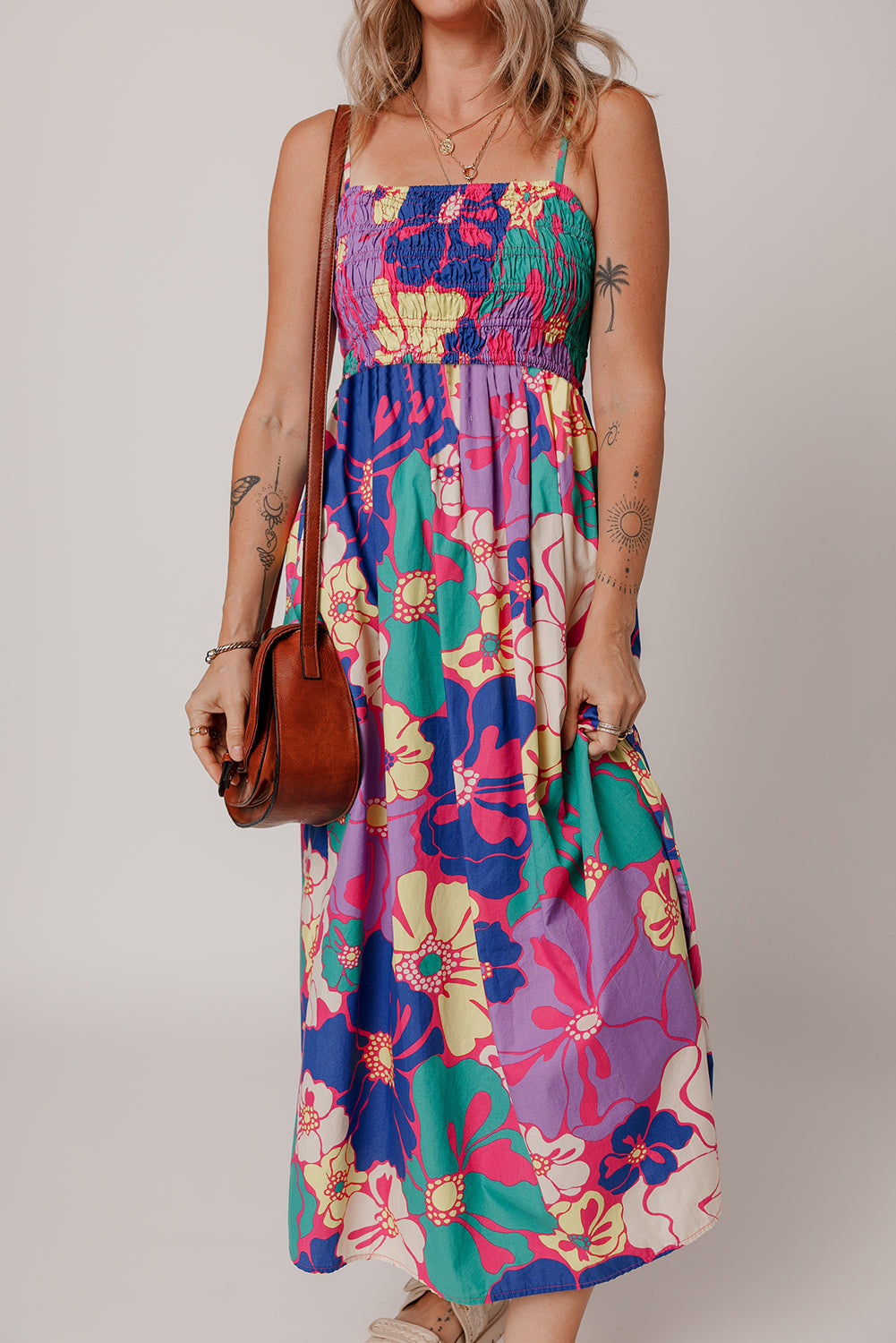 Floral Print Shirred Spaghetti Strap Loose Maxi Dress Purple / L