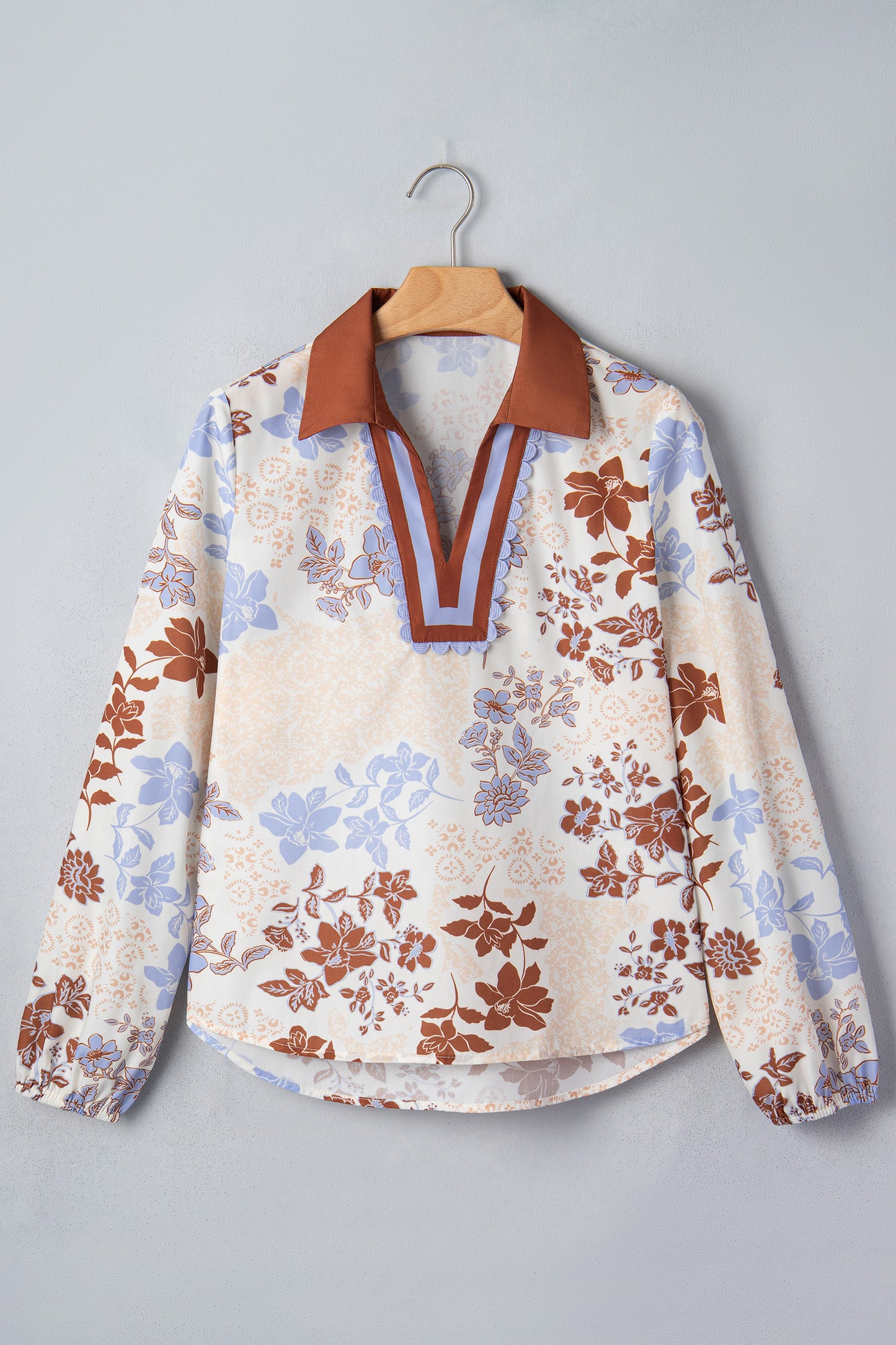 White Floral Print Colorblock V Neck Long Sleeve Blouse