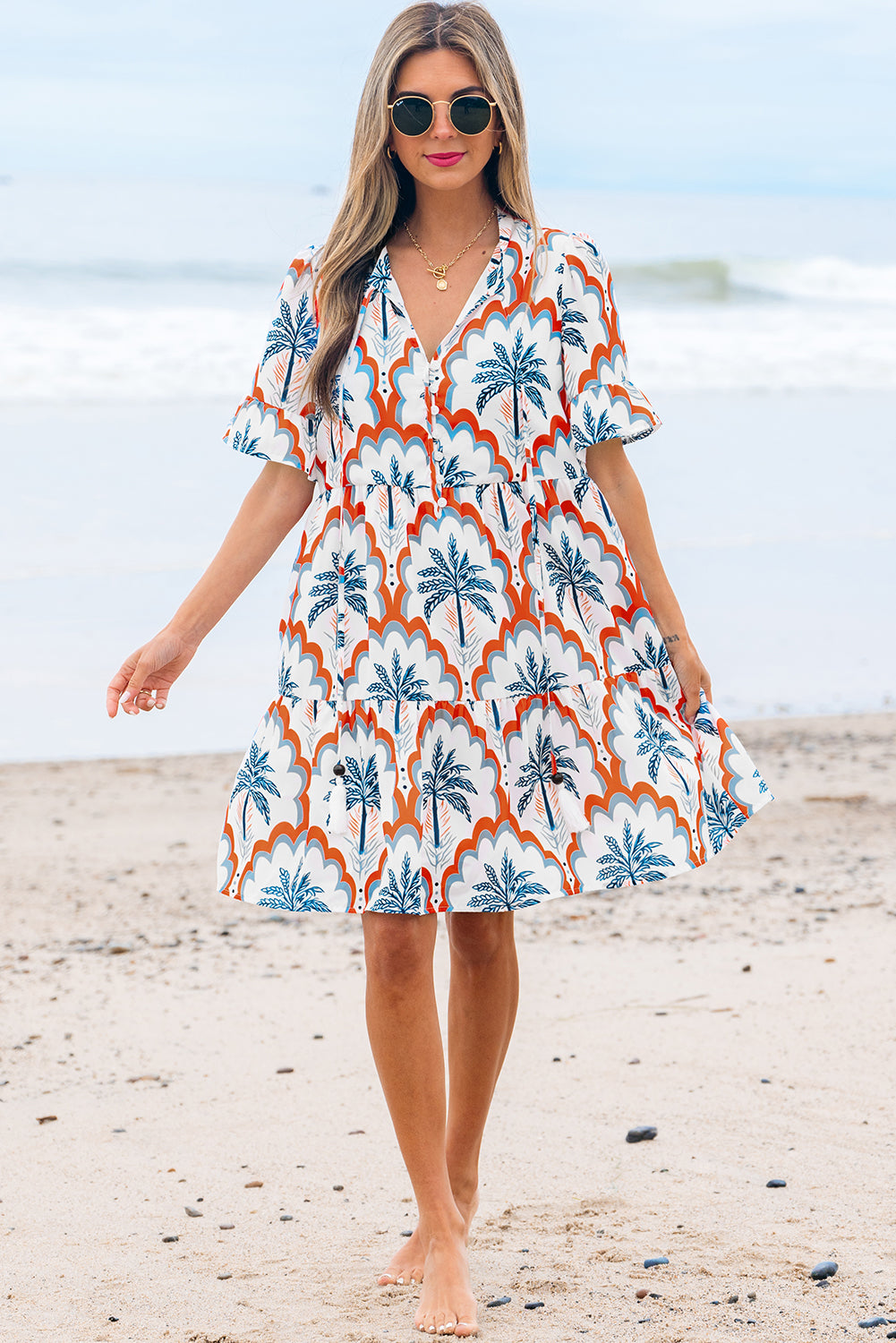 Orange Contrast Palm Tree Printed Short Sleeve Flowy Dress-TOPS / DRESSES-[Adult]-[Female]-2022 Online Blue Zone Planet