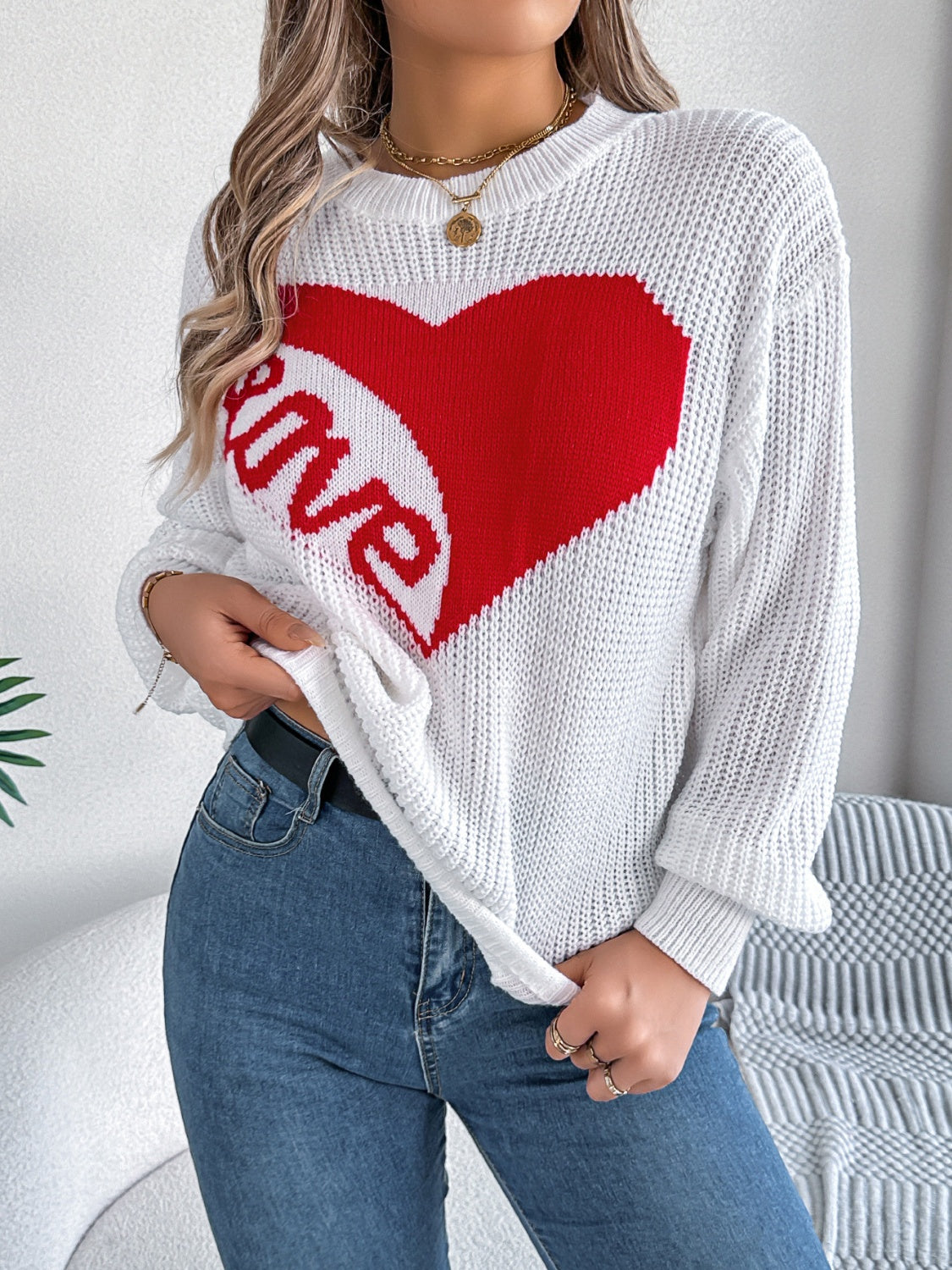 Blue Zone Planet | LOVE Heart Round Neck Dropped Shoulder Sweater-TOPS / DRESSES-[Adult]-[Female]-White-S-2022 Online Blue Zone Planet