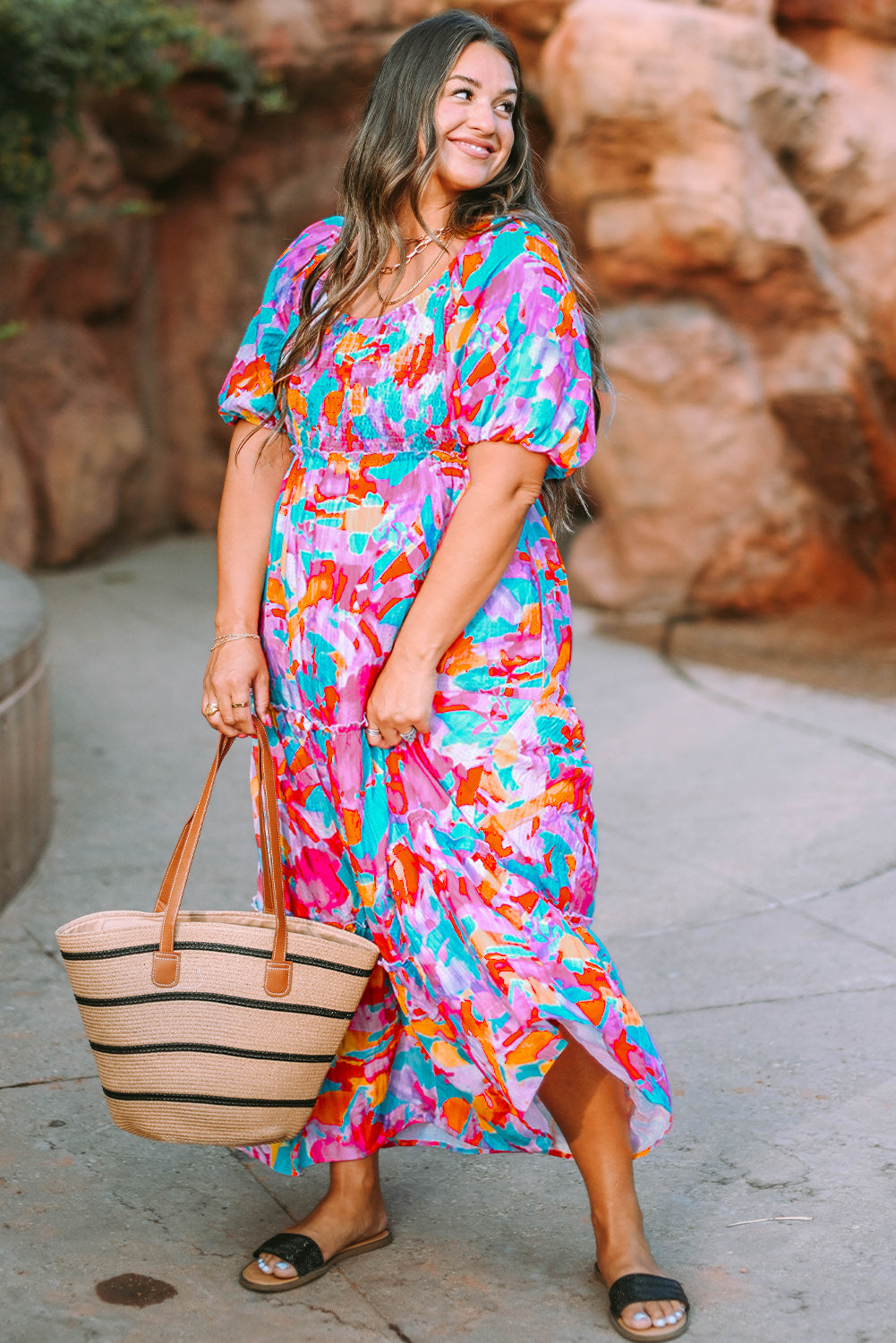 Blue Zone Planet | Multicolour Plus Size Floral Smocked Puff Sleeve Maxi Dress-TOPS / DRESSES-[Adult]-[Female]-2022 Online Blue Zone Planet