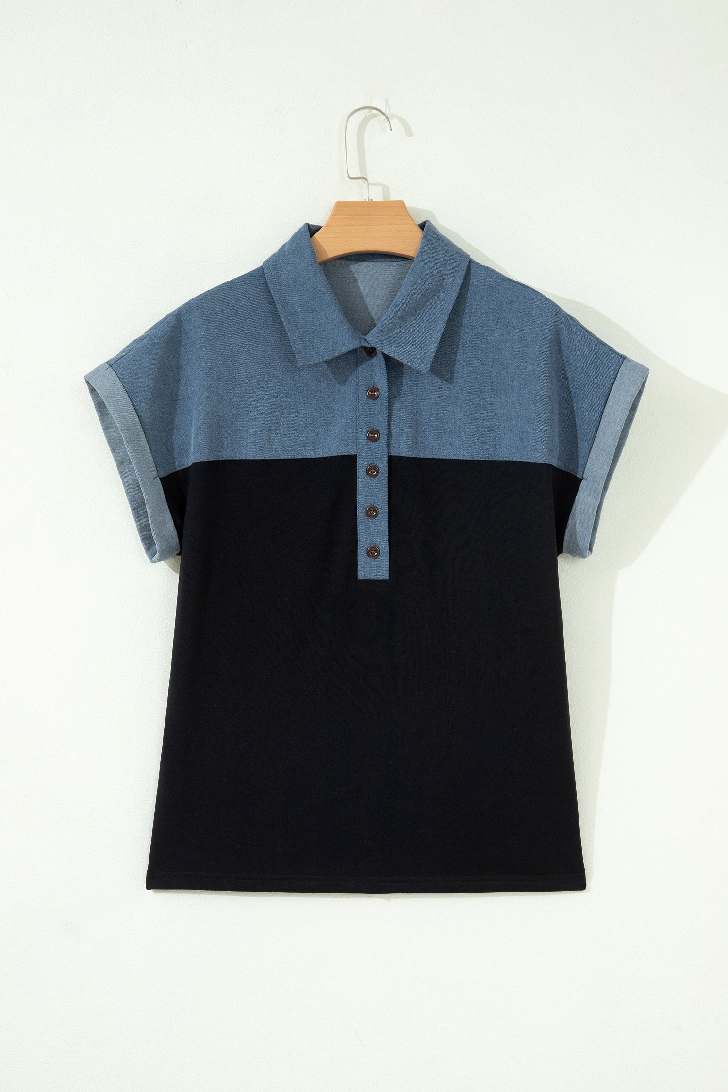 Black Color Block Denim Patchwork Button Polo Collar Short Sleeve Top-Tops/Blouses & Shirts-[Adult]-[Female]-2022 Online Blue Zone Planet