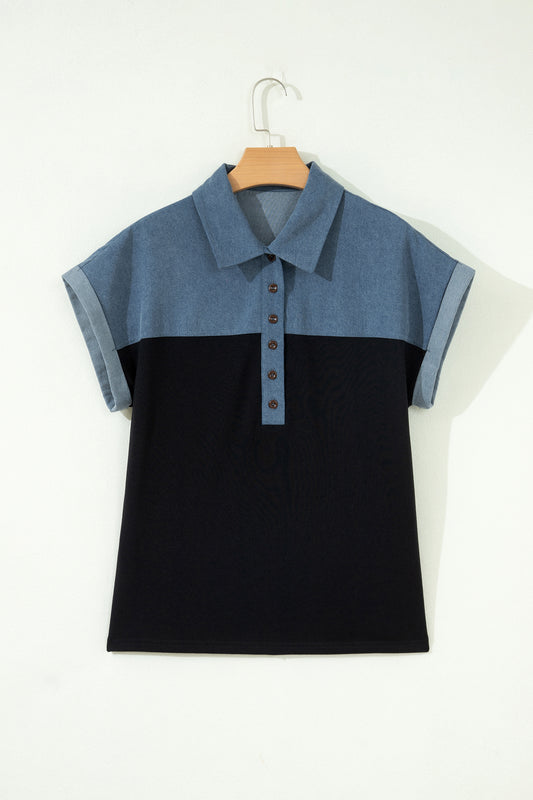 Black Color Block Denim Patchwork Button Polo Collar Short Sleeve Top-Tops/Blouses & Shirts-[Adult]-[Female]-2022 Online Blue Zone Planet