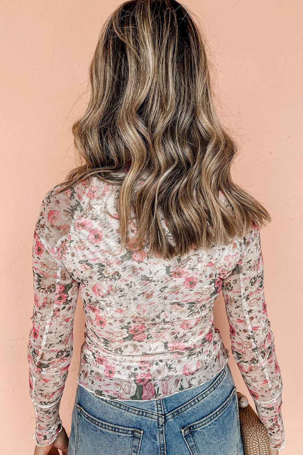 Blue Zone Planet | Pink Floral Long Sleeve High Neck Sheath Mesh Top-Tops/Blouses & Shirts-[Adult]-[Female]-2022 Online Blue Zone Planet