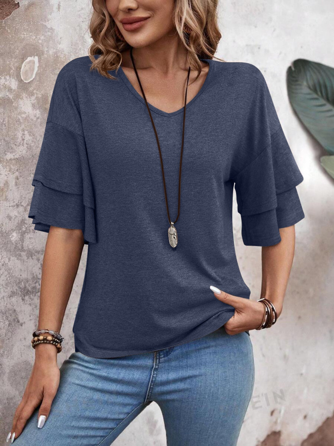 V-Neck Half Sleeve Blouse-TOPS / DRESSES-[Adult]-[Female]-Indigo-S-2022 Online Blue Zone Planet