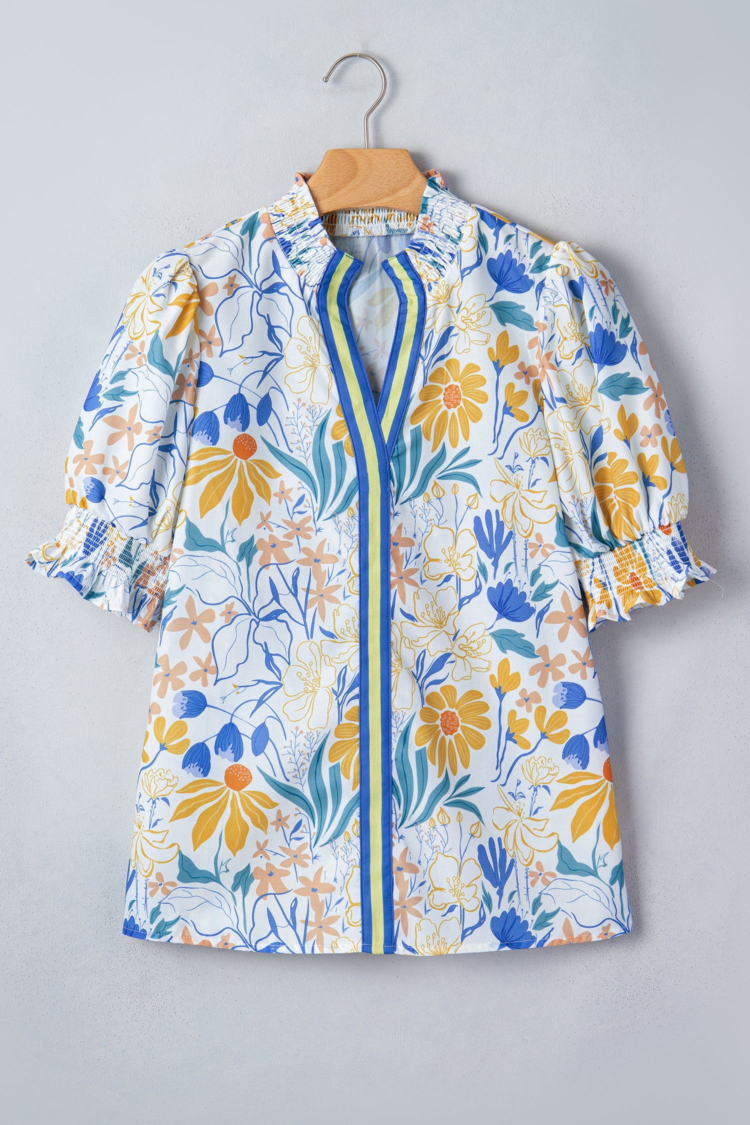 Yellow Floral Print Striped Trim V Neck Puff Sleeve Blouse-Tops/Blouses & Shirts-[Adult]-[Female]-2022 Online Blue Zone Planet