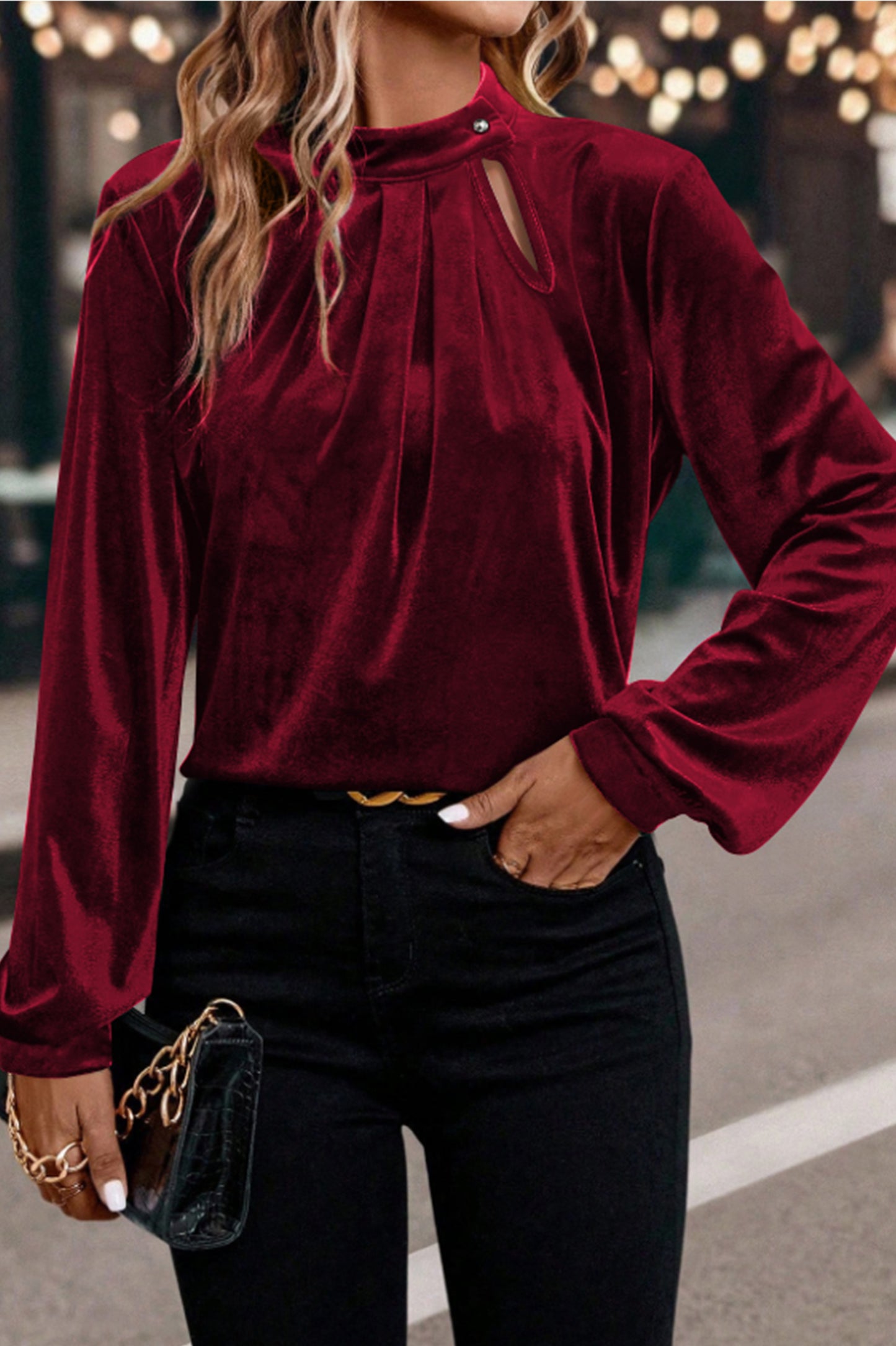 Red Dahlia Asymmetric Button Keyhole Neck Long Sleeve Velvet Blouse-Tops/Blouses & Shirts-[Adult]-[Female]-Red Dahlia-S-2022 Online Blue Zone Planet