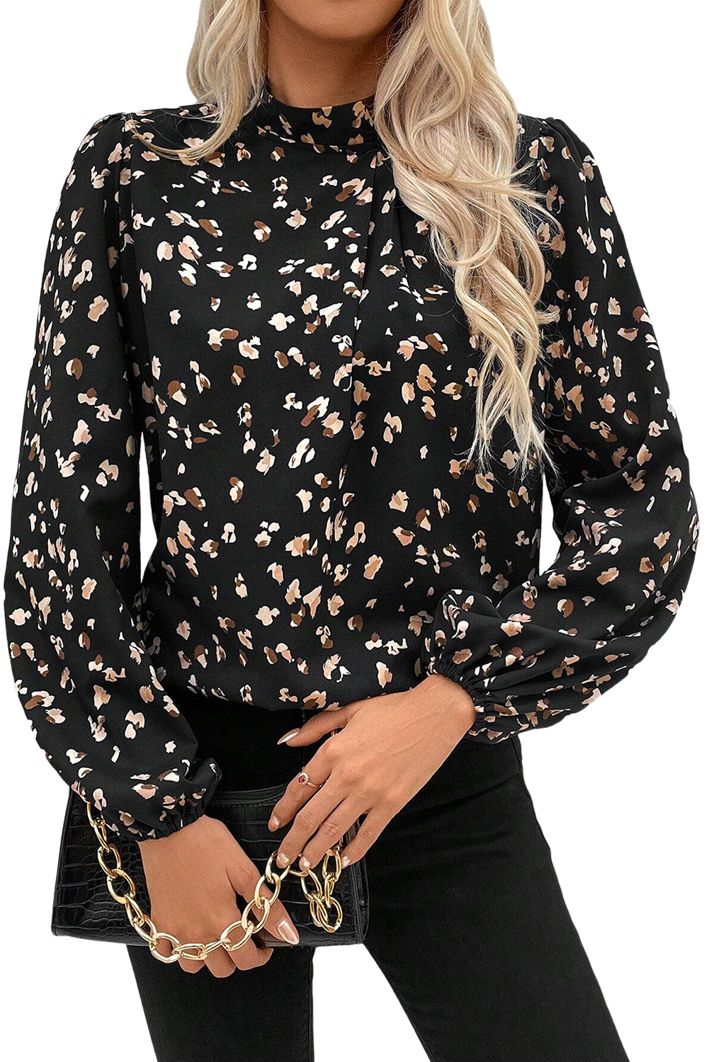 Black Leopard Print Puff Sleeve Mock Neck Pleated Blouse-Blouses-[Adult]-[Female]-2022 Online Blue Zone Planet