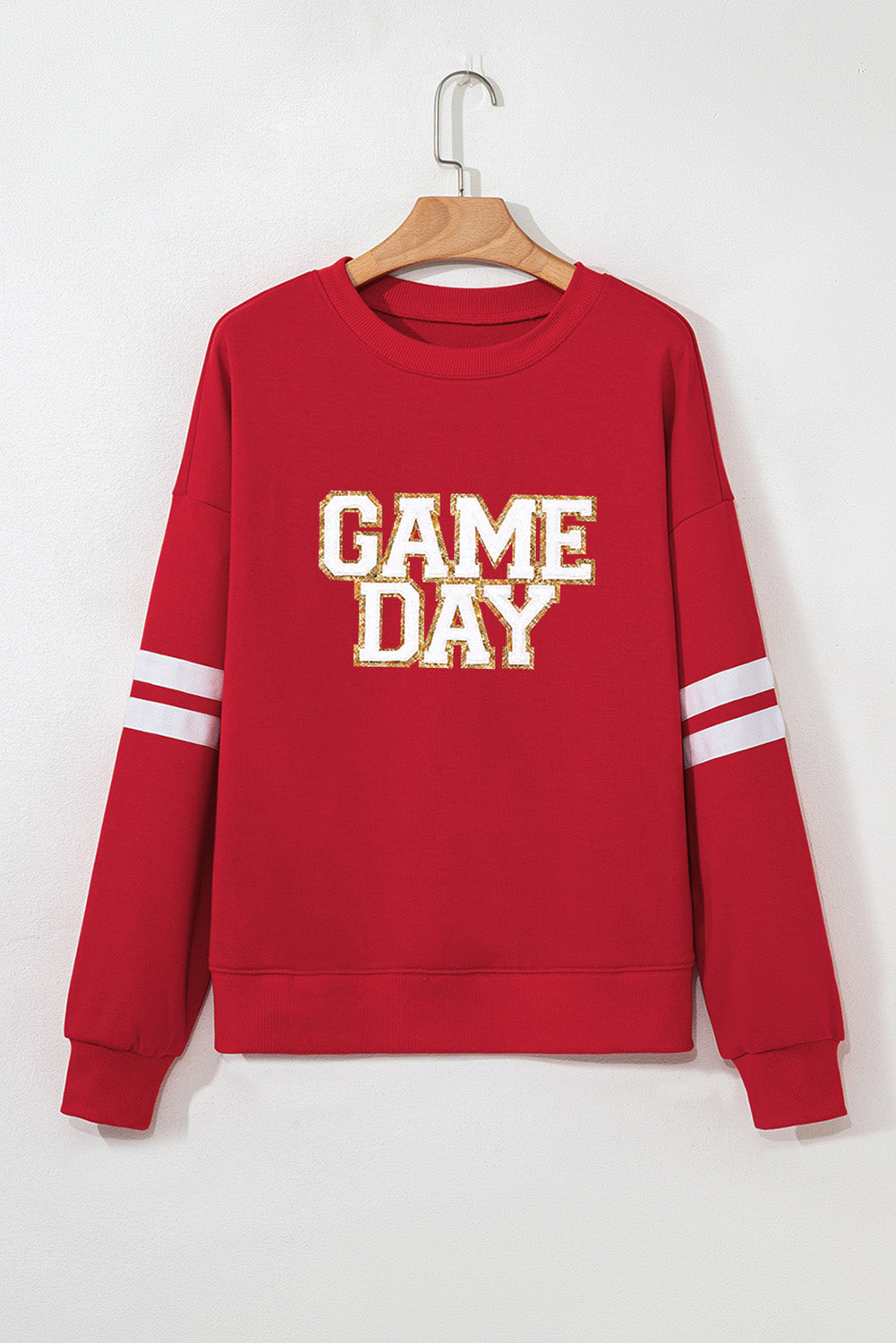 Fiery Red Glitter Trim GAME DAY Letter Graphic Oversized Varsity Sweatshirt-Graphic/Graphic Sweatshirts-[Adult]-[Female]-2022 Online Blue Zone Planet