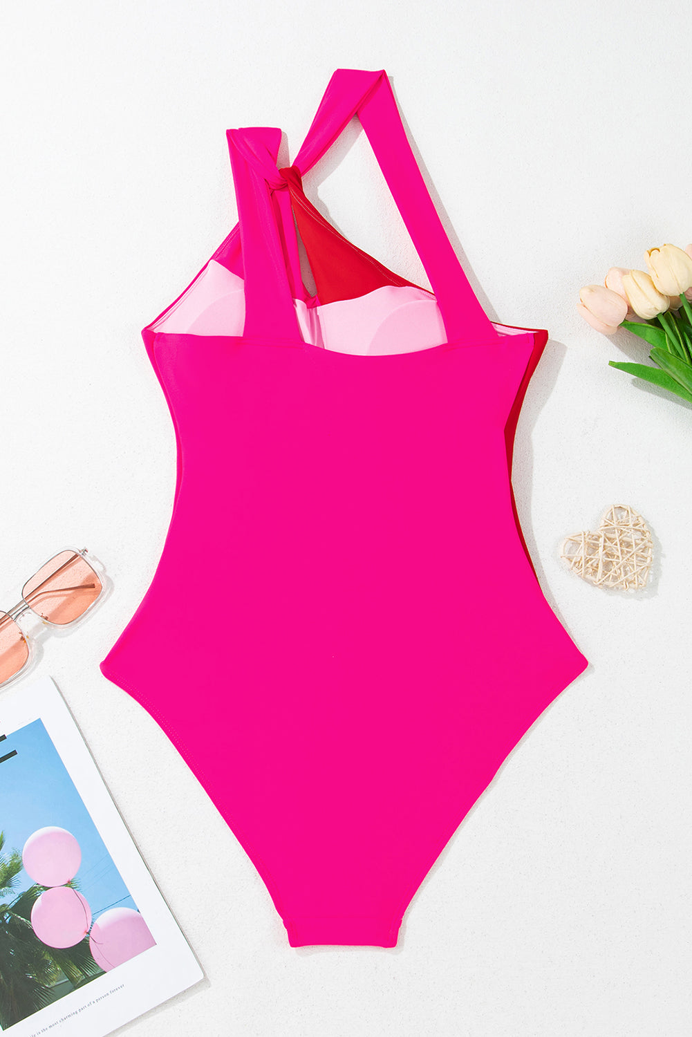 Rose Red Knotted Two Tones Colorblock Backless One Piece Swimsuit-One-Piece-[Adult]-[Female]-2022 Online Blue Zone Planet