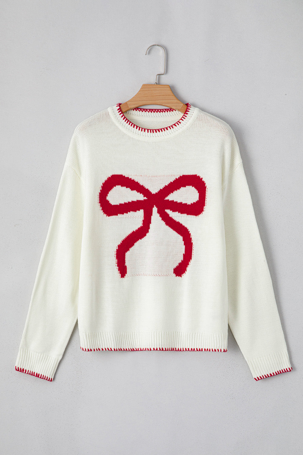 White Bow Pattern Contrast Trim Christmas Loose Graphic Sweater-TOPS / DRESSES-[Adult]-[Female]-2022 Online Blue Zone Planet