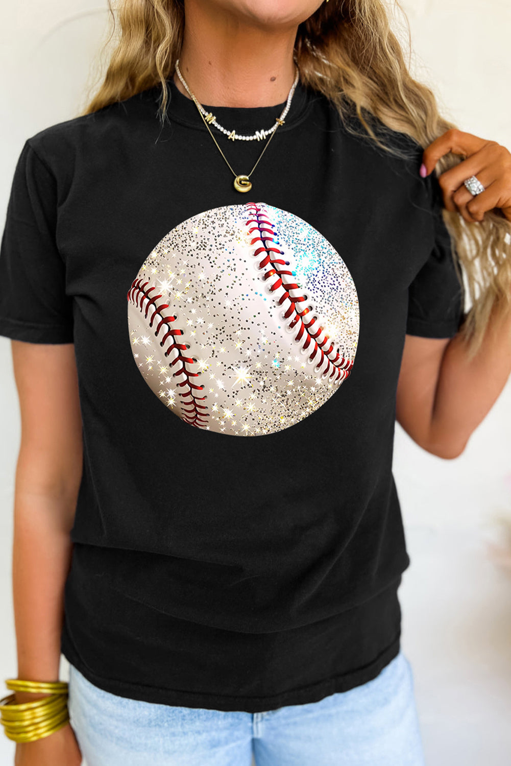 Black Heat Transfer Baseball Print Cotton Blend T Shirt-Graphic/Graphic Tees-[Adult]-[Female]-2022 Online Blue Zone Planet