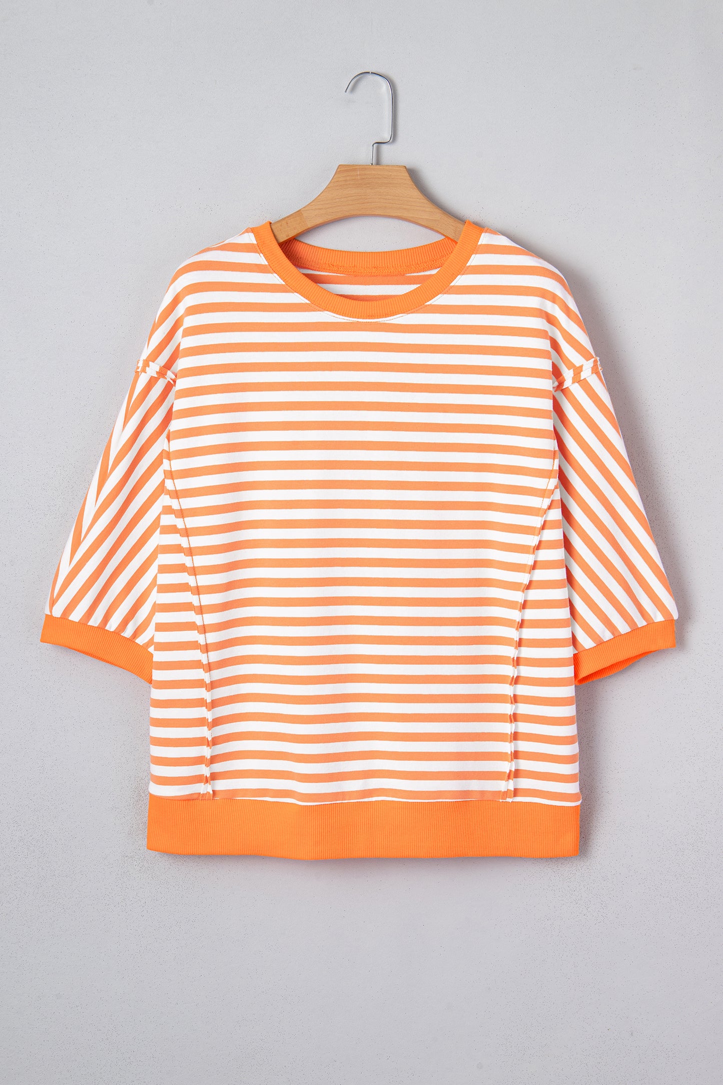 Orange Stripe 3/4 Sleeve Exposed Seam Patchwork Pullover Top-Tops/Tops & Tees-[Adult]-[Female]-2022 Online Blue Zone Planet