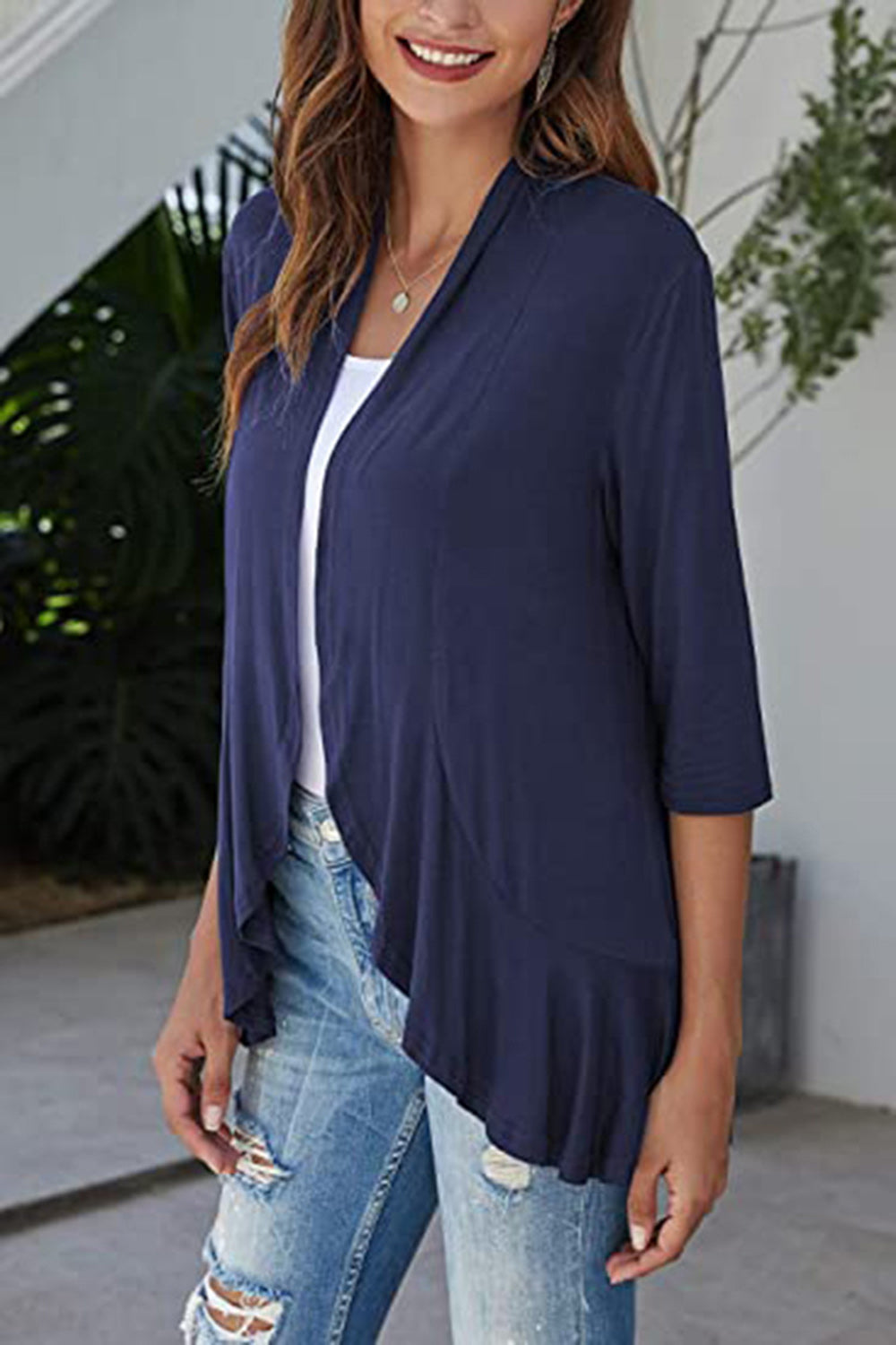 Open Front Three-Quarter Sleeve Cardigan-TOPS / DRESSES-[Adult]-[Female]-2022 Online Blue Zone Planet