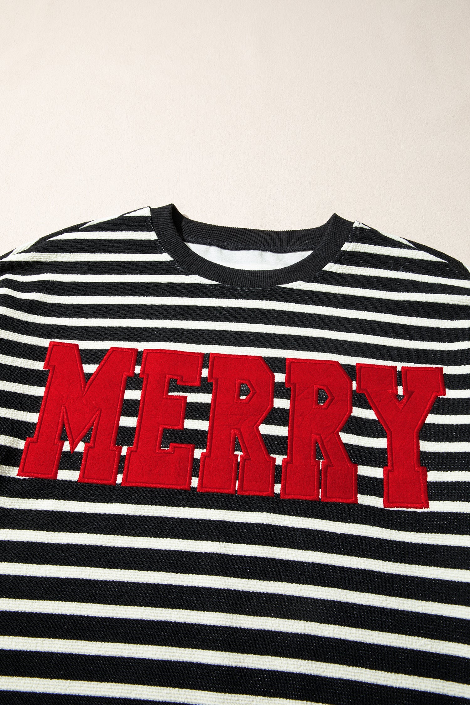 Black Stripe Contrast MERRY Letter Christmas Print Drop Shoulder Sweatshirt-Tops/Sweatshirts & Hoodies-[Adult]-[Female]-2022 Online Blue Zone Planet