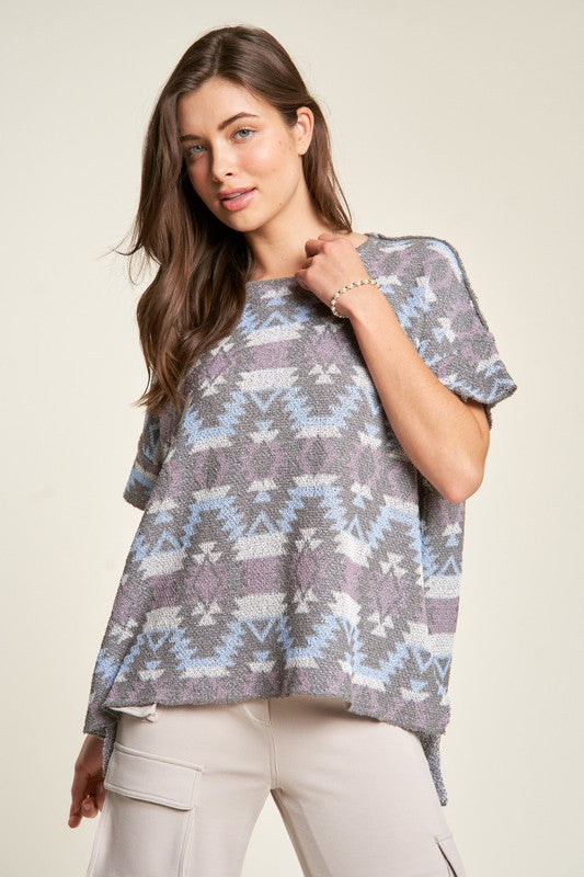 Davi & Dani High-Low Geometric Round Neck Knit Top-TOPS / DRESSES-[Adult]-[Female]-Blue Lilac-S-2022 Online Blue Zone Planet