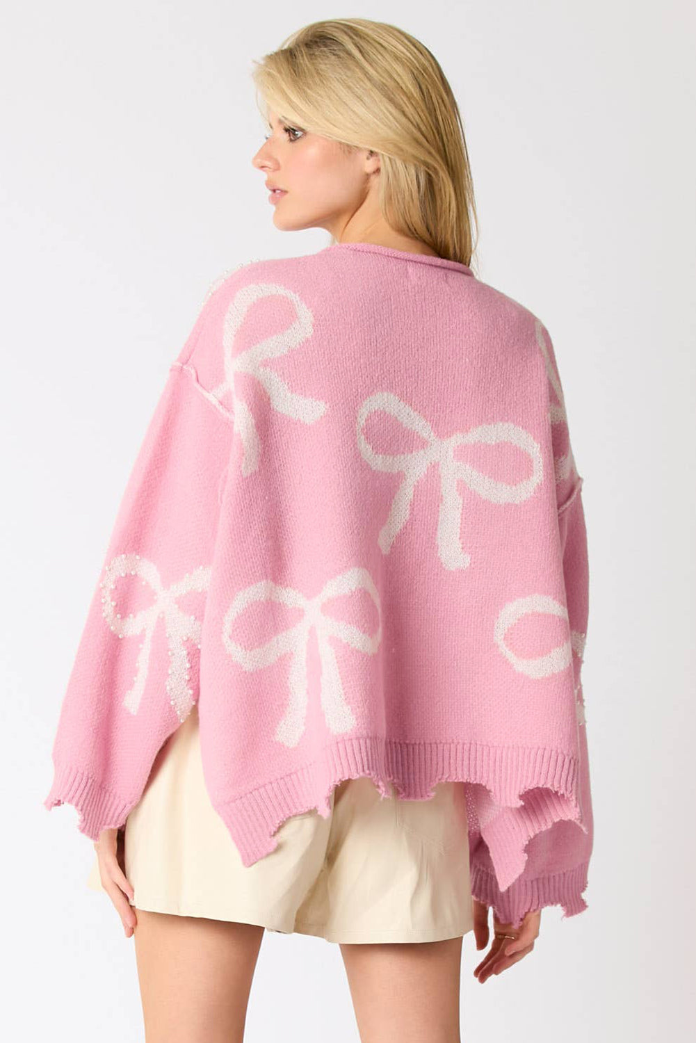 Pink Pearl Beaded Bowknot Pattern Distressed Split Hem Sweater-Sweaters & Cardigans/Sweaters-[Adult]-[Female]-2022 Online Blue Zone Planet