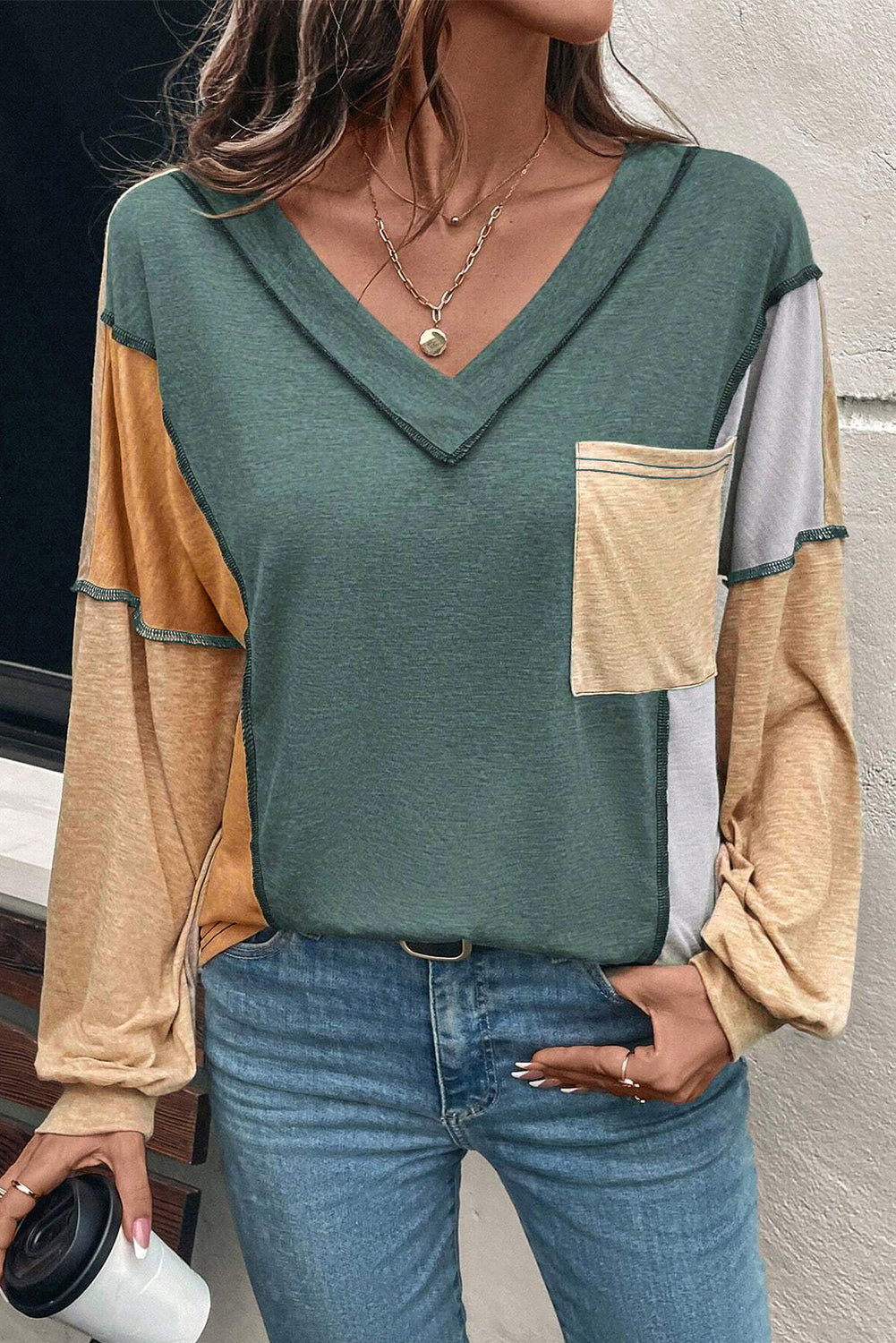 Jungle Green Exposed Stitching Colorblock V Neck Long Sleeve Top-Tops/Long Sleeve Tops-[Adult]-[Female]-Four Leaf Clover-S-2022 Online Blue Zone Planet