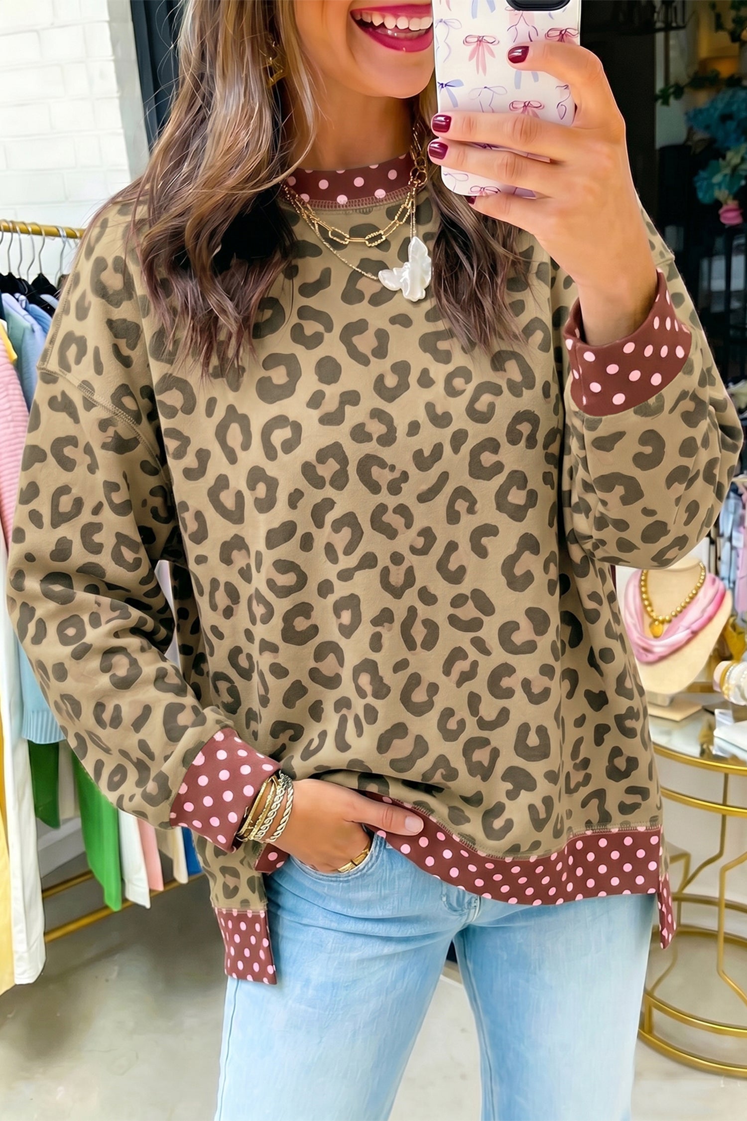 Brown Leopard Polka Dot Colorblock Trim Long Sleeve Top-Tops/Long Sleeve Tops-[Adult]-[Female]-Brown-S-2022 Online Blue Zone Planet