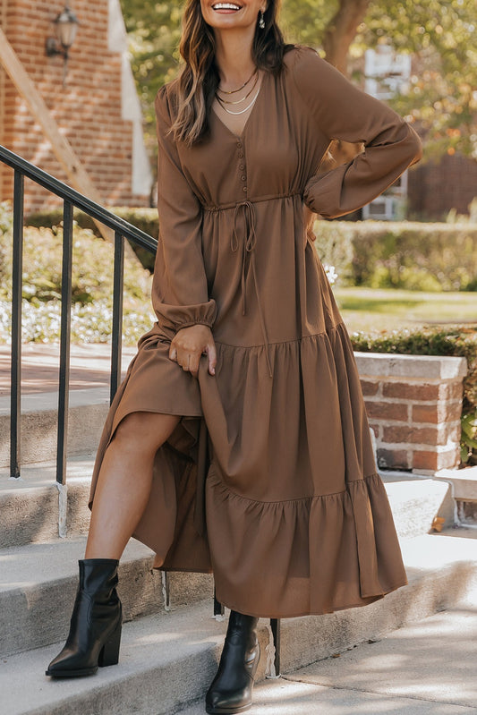 Chestnut Solid Long Sleeve Button V Neck Tiered Maxi Dress-Dresses/Maxi Dresses-[Adult]-[Female]-Chestnut-S-2022 Online Blue Zone Planet