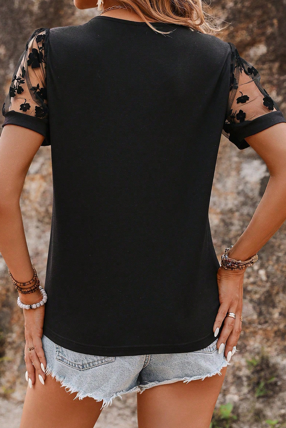 Black Flora Lace Patchwork Crew Neck T Shirt-Tops/Tops & Tees-[Adult]-[Female]-2022 Online Blue Zone Planet