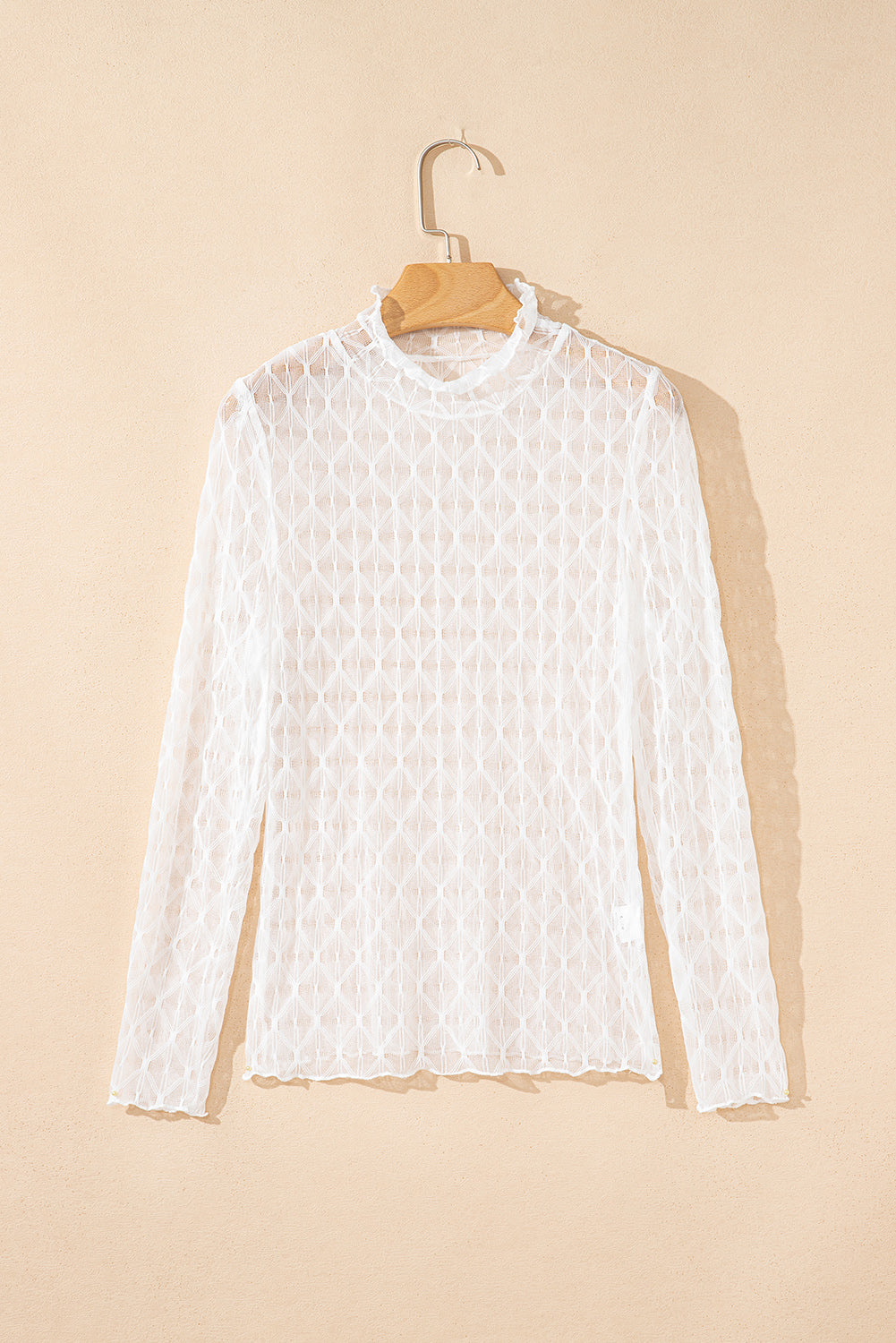 Beige Sheer Mesh Patterned Lettuce Trim Slim Long Sleeve Top-Tops/Long Sleeve Tops-[Adult]-[Female]-2022 Online Blue Zone Planet