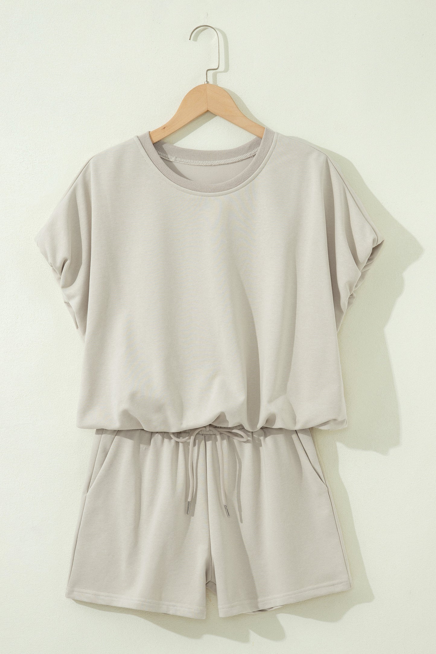 Smoke Gray Solid Color Puffy Loose Top Drawstring Shorts 2pcs Outfit-Two Piece Sets/Short Sets-[Adult]-[Female]-2022 Online Blue Zone Planet