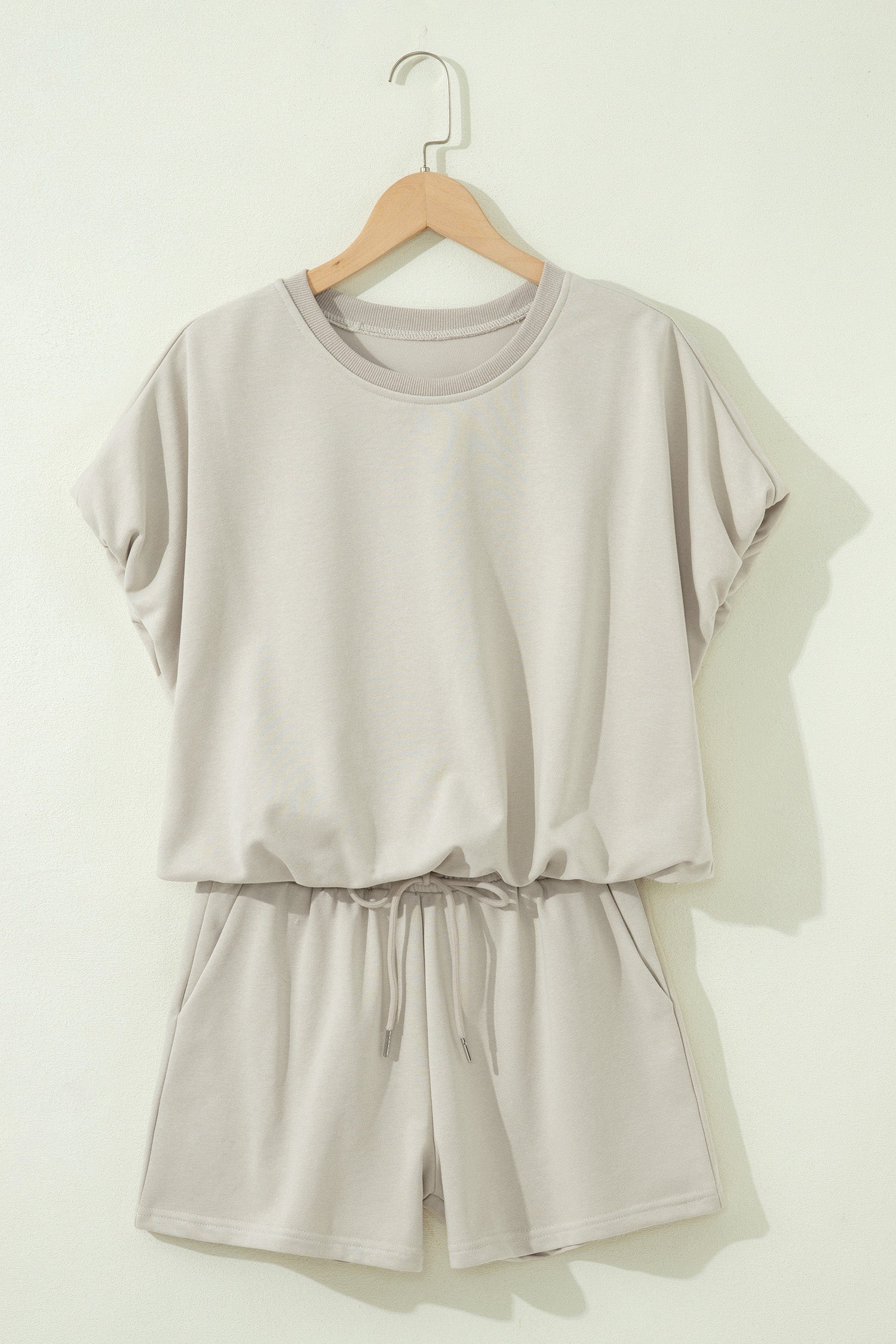 Smoke Gray Solid Color Puffy Loose Top Drawstring Shorts 2pcs Outfit-Two Piece Sets/Short Sets-[Adult]-[Female]-2022 Online Blue Zone Planet