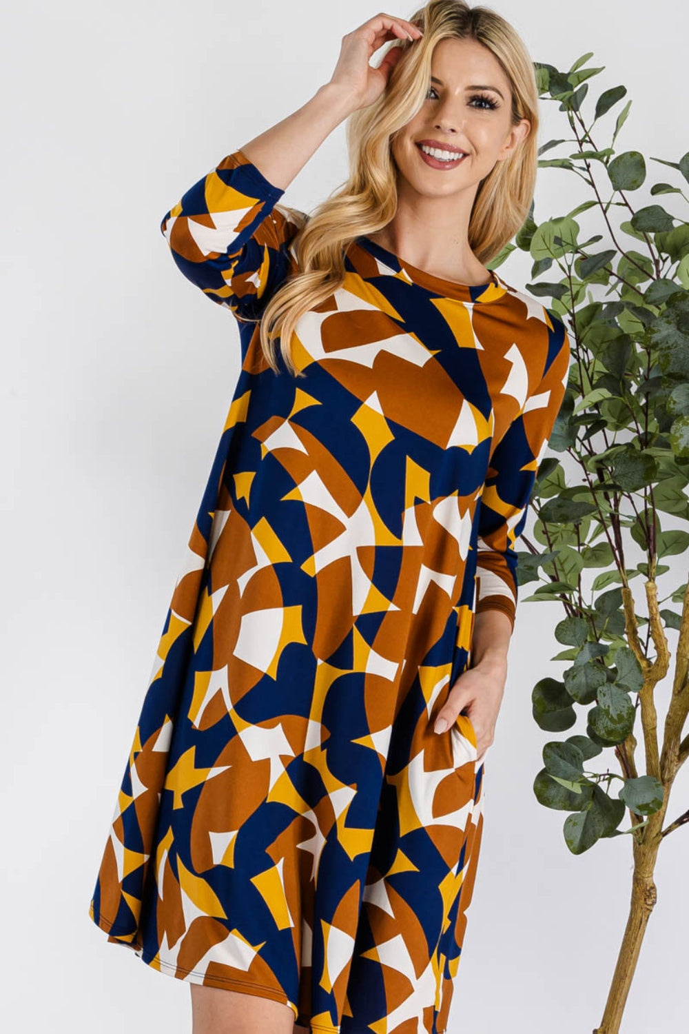 Celeste Full Size Geometric Round Neck Dress with Pockets-TOPS / DRESSES-[Adult]-[Female]-2022 Online Blue Zone Planet