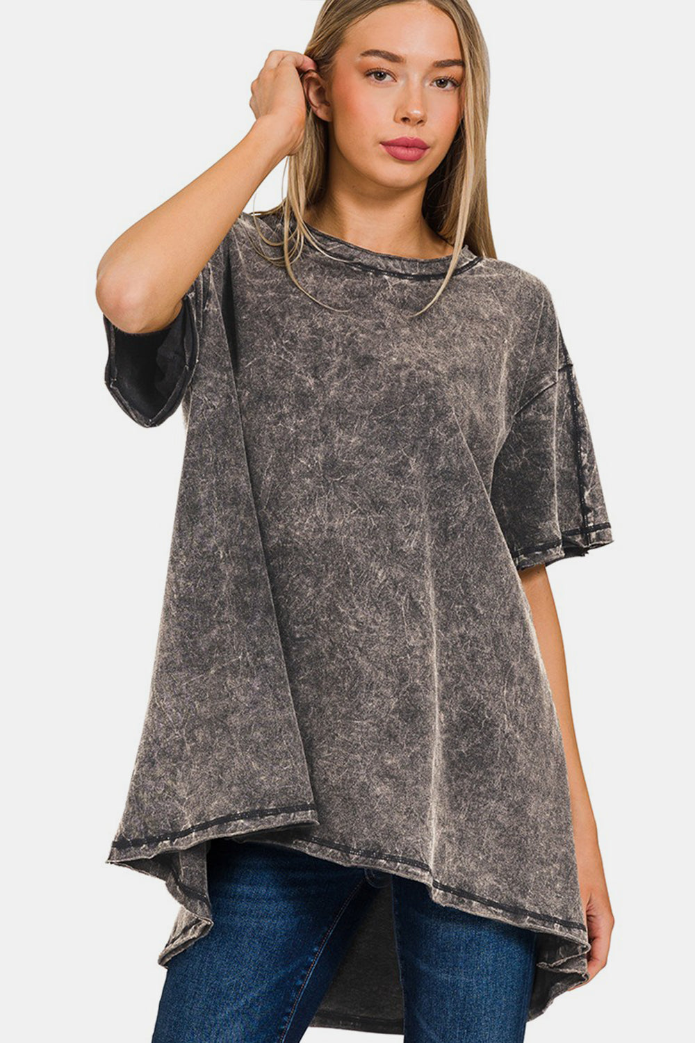 Blue Zone Planet | Zenana Round Neck Dropped Shoulder Blouse-TOPS / DRESSES-[Adult]-[Female]-ASHBLACK-S/M-2022 Online Blue Zone Planet