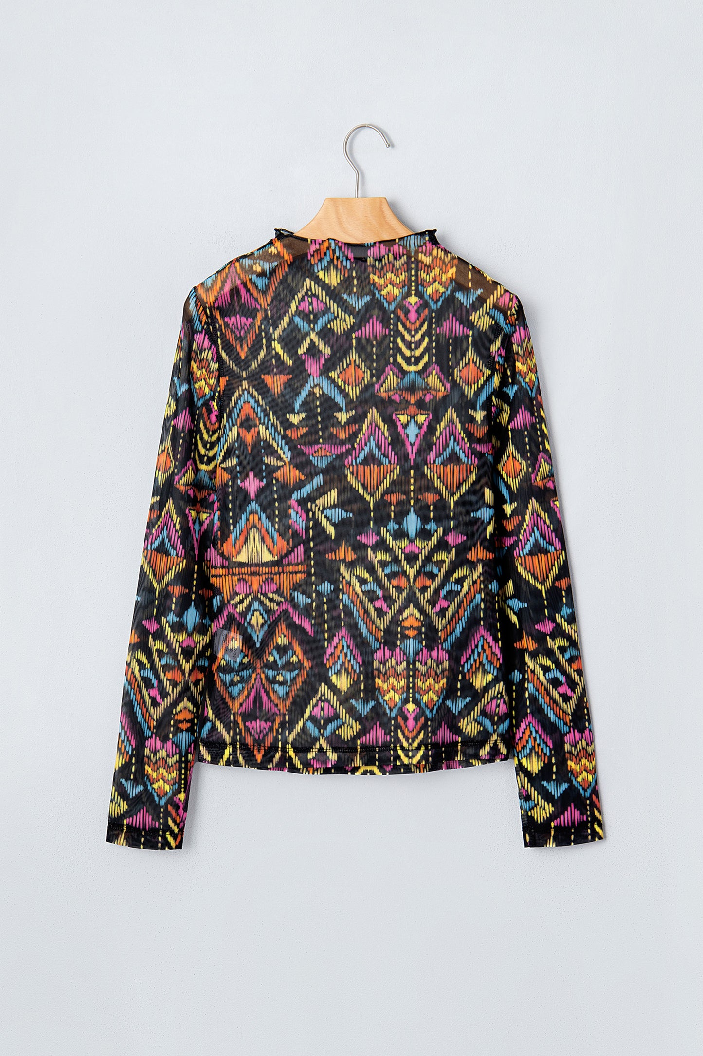 Color Black Abstract Print Long Sleeve Stand Neck Mesh Top-Tops/Long Sleeve Tops-[Adult]-[Female]-2022 Online Blue Zone Planet