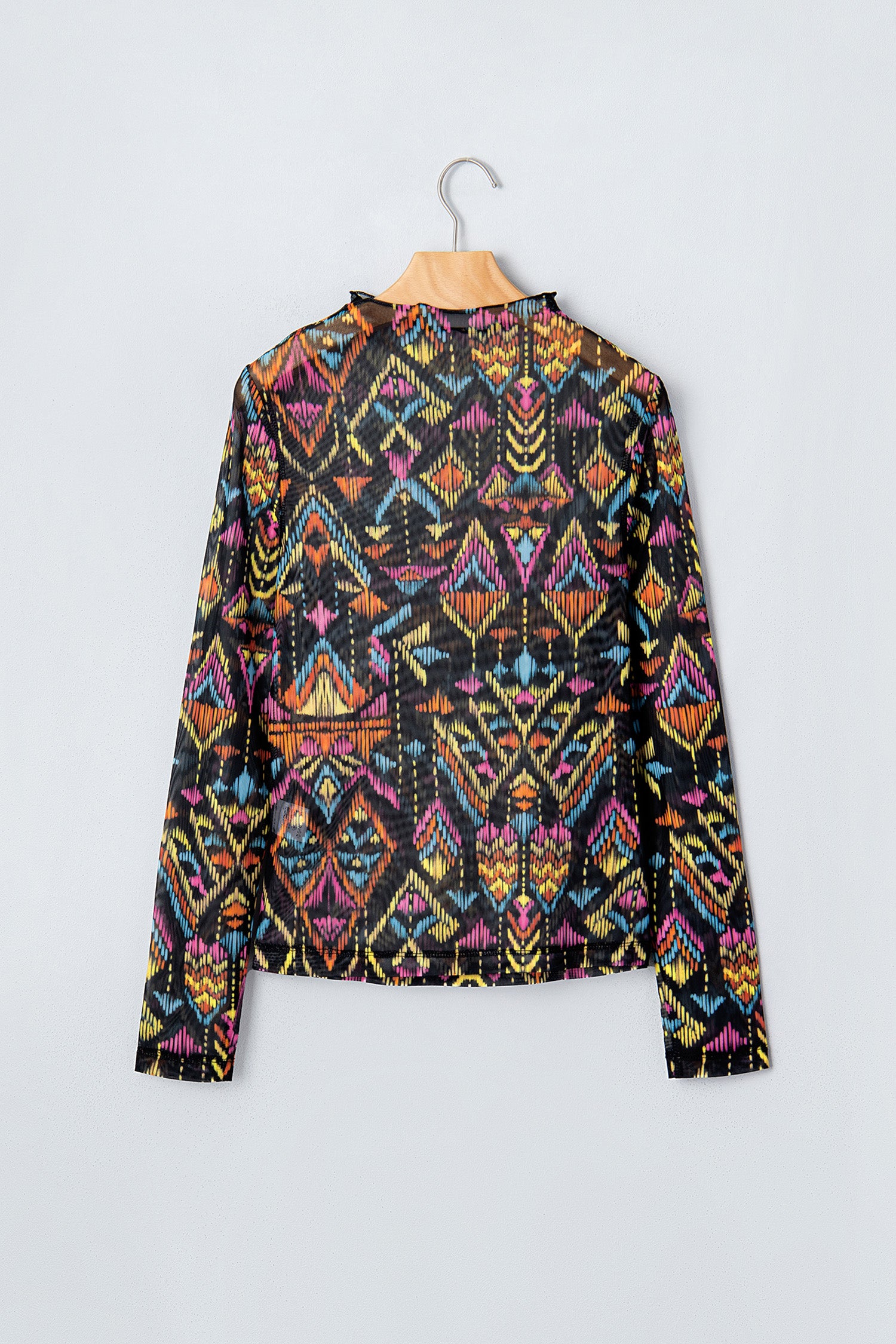Color Black Abstract Print Long Sleeve Stand Neck Mesh Top-Tops/Long Sleeve Tops-[Adult]-[Female]-2022 Online Blue Zone Planet