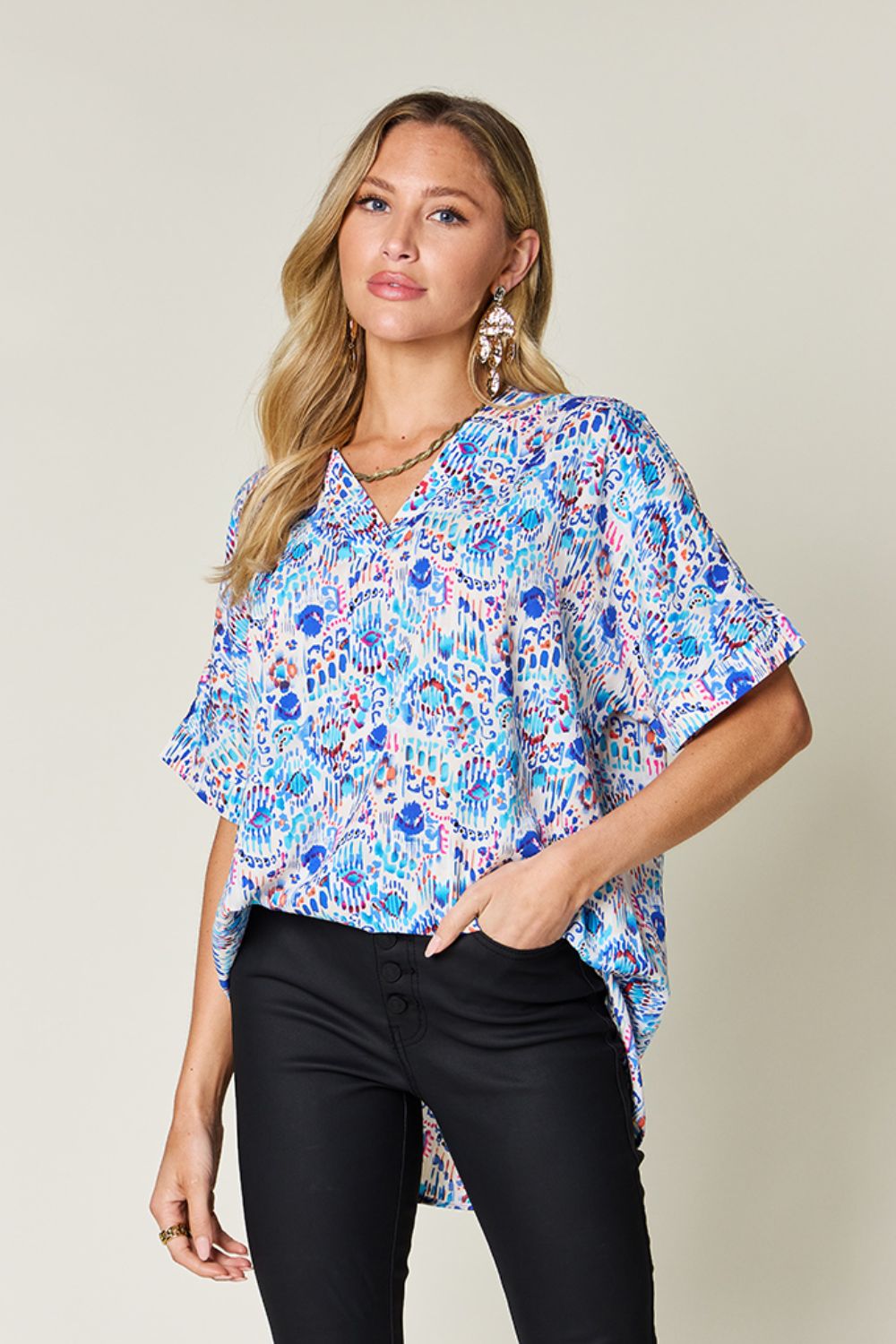 Blue Zone Planet | Double Take Full Size Printed V-Neck Short Sleeve Blouse-TOPS / DRESSES-[Adult]-[Female]-Sky Blue-S-2022 Online Blue Zone Planet