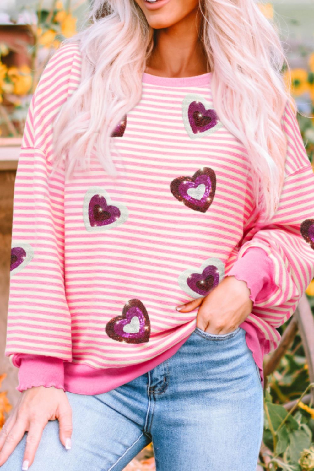 Valentine’s Day Sequin Heart Striped Round Neck Long Sleeve Sweatshirt-TOPS / DRESSES-[Adult]-[Female]-2022 Online Blue Zone Planet