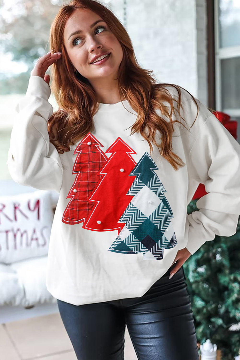 White Pearl Plaid Christmas Tree Patched Drop Shoulder Sweatshirt-Tops/Sweatshirts & Hoodies-[Adult]-[Female]-2022 Online Blue Zone Planet