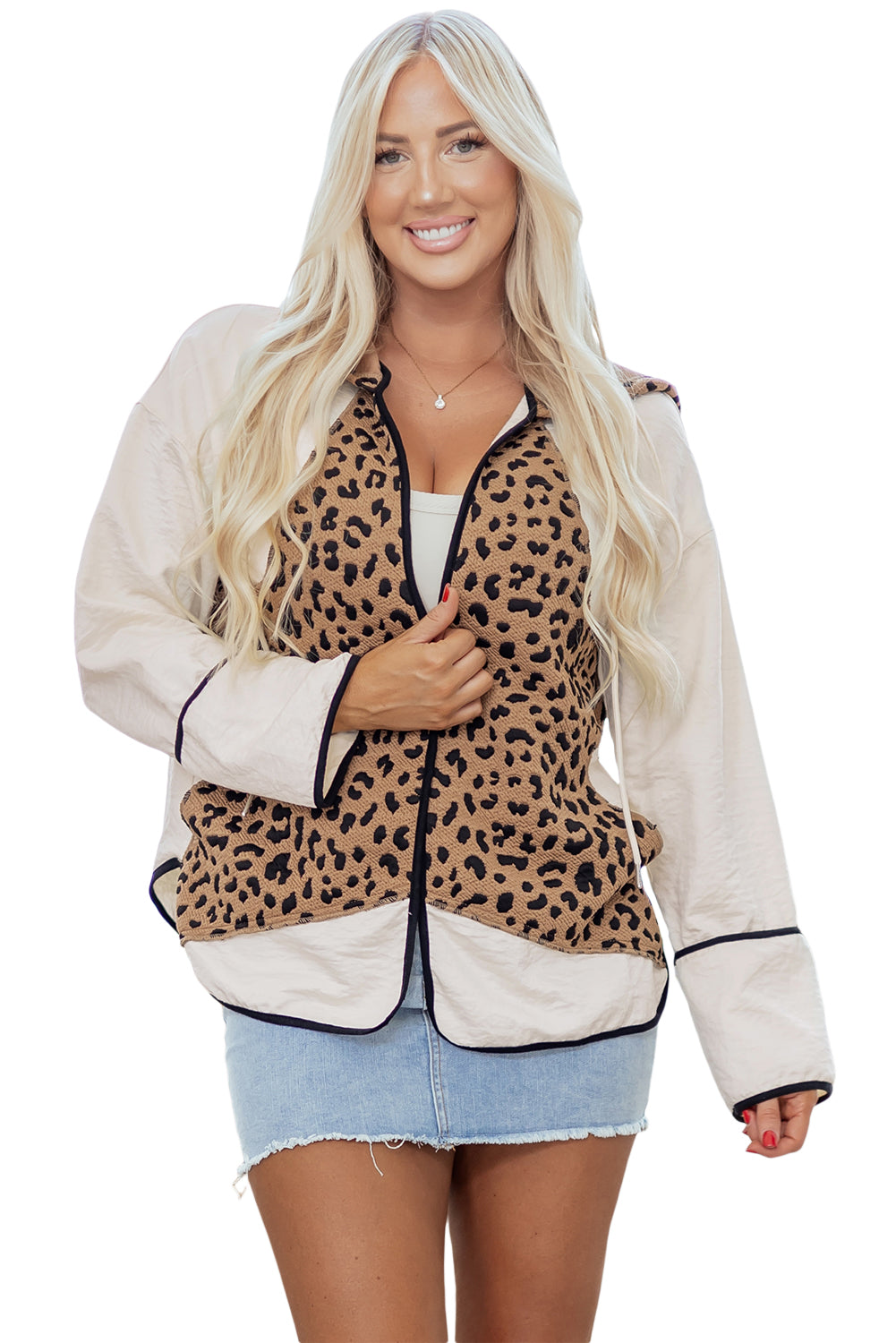 Brown Leopard Star Hooded Patchwork Contrast Piping Open Front Jacket-Tops / Dresses-[Adult]-[Female]-2022 Online Blue Zone Planet