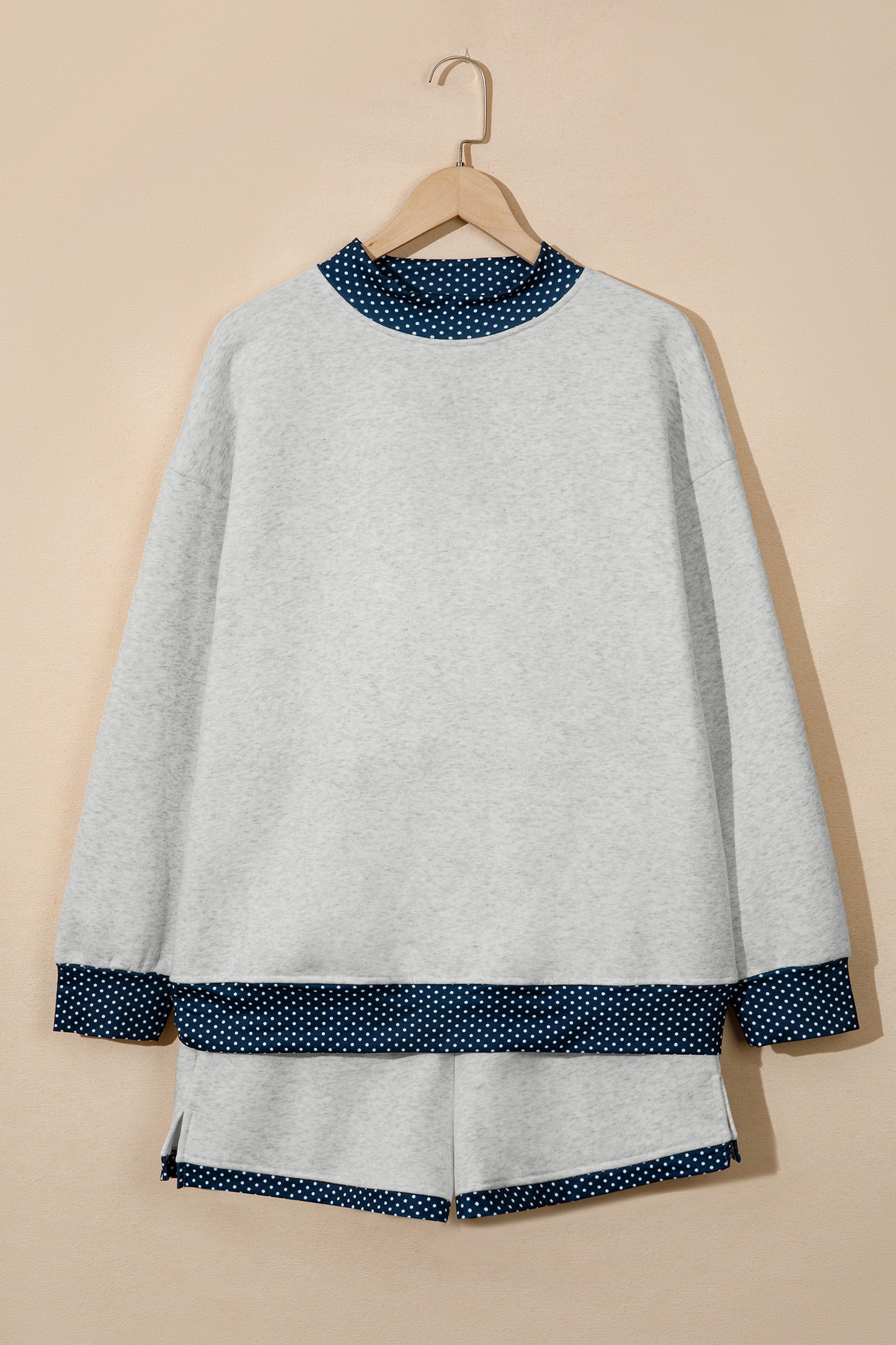 Light Grey Polka Dot Patchwork Mock Neck Pullover Casual Shorts Set-Two Piece Sets/Short Sets-[Adult]-[Female]-2022 Online Blue Zone Planet